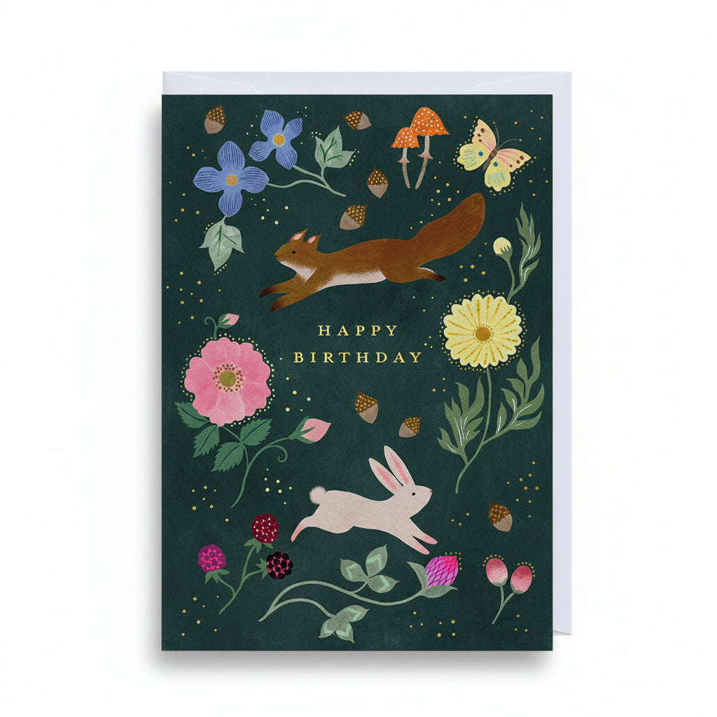 Ohh Deer Woodland Creatures gold foil greeting card with an illustrated woodland scene