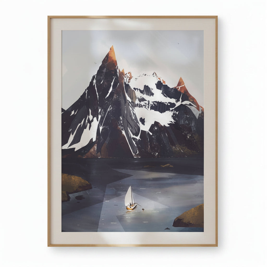 A framed art print depicting a snowy mountain range over a calm lake with a small sailboat, hung on a light beige wall with soft shadow overlays.