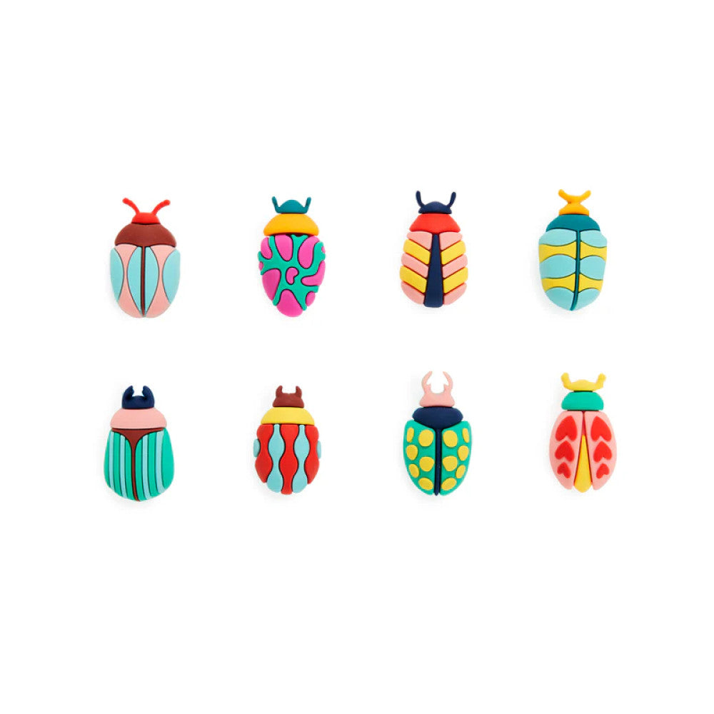 Eight vibrant coloured beetle markers arranged in grid on white
