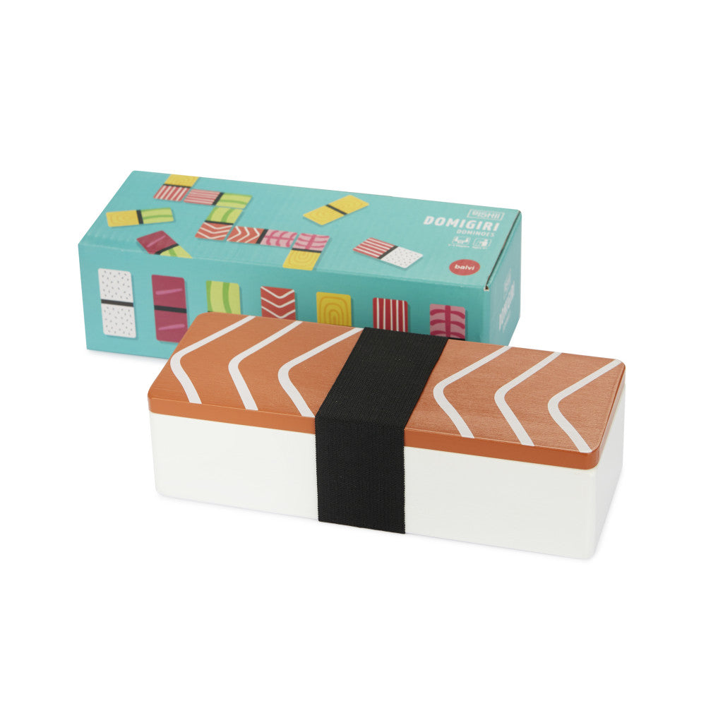 Nigiri-shaped box with colourful retail packaging on white