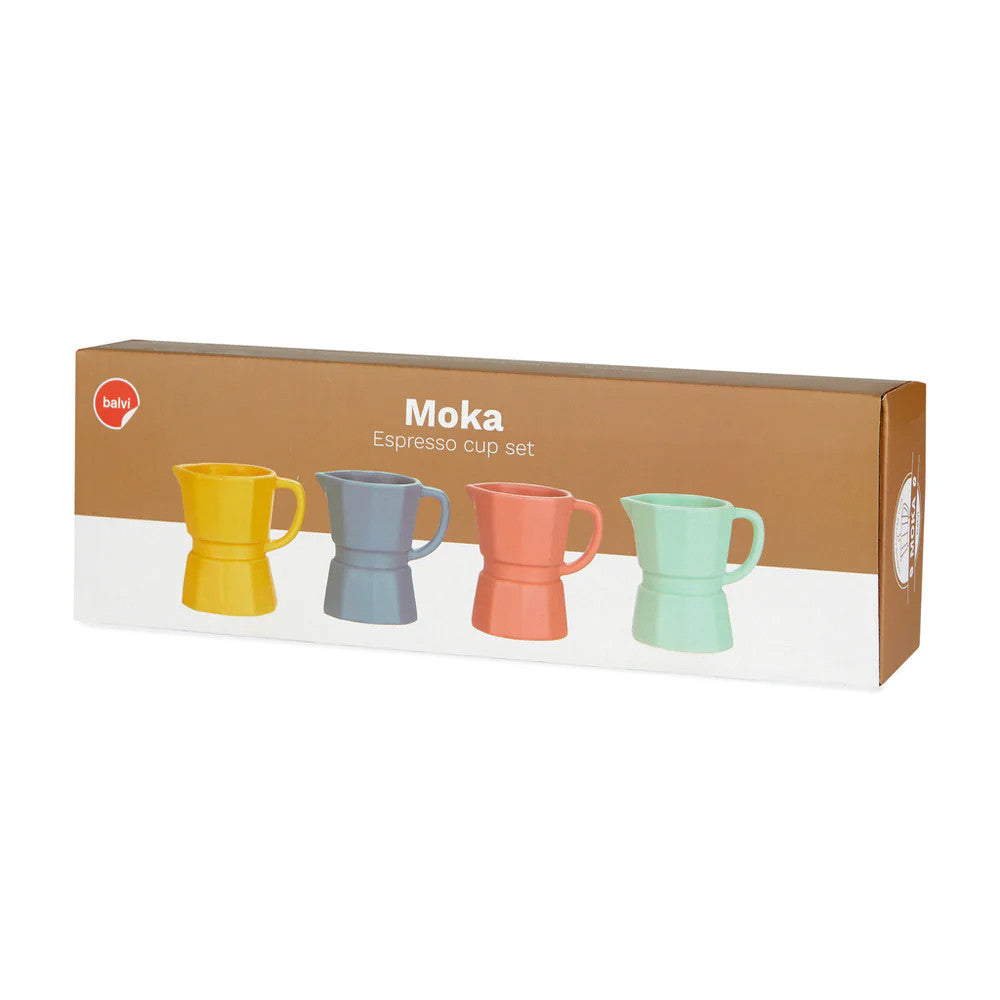 Packaging box with four multicolour ceramic espresso cups