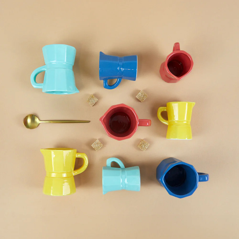 Ceramic espresso cups flat lay with coffee accessories