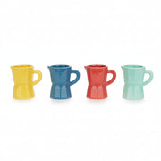 Four multicolour ceramic espresso cups arranged in a row