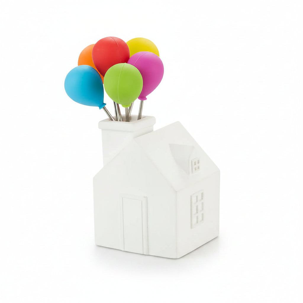 Front view of ceramic balloon house stand with all six snack forks