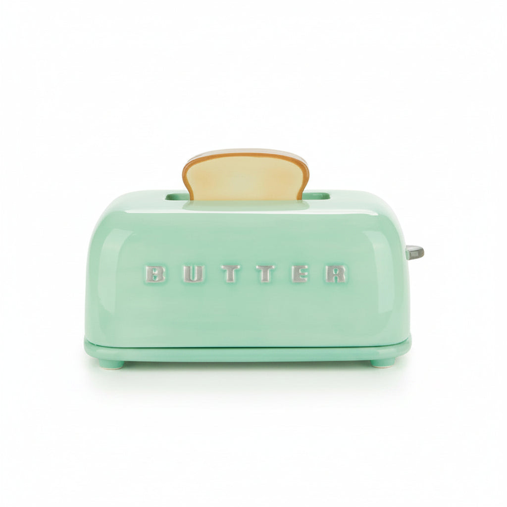 Front view of closed turquoise toaster dish on white background