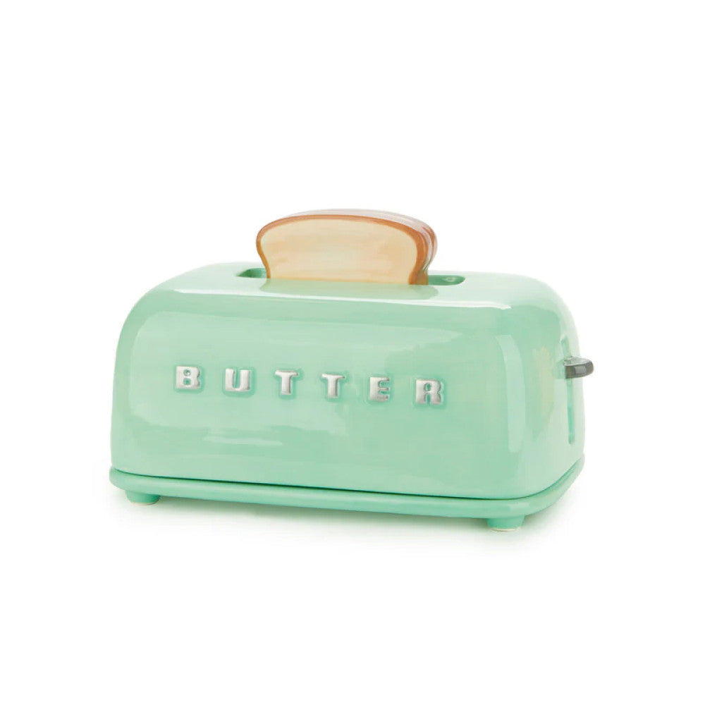 Closed turquoise toaster butter dish with BUTTER text on white