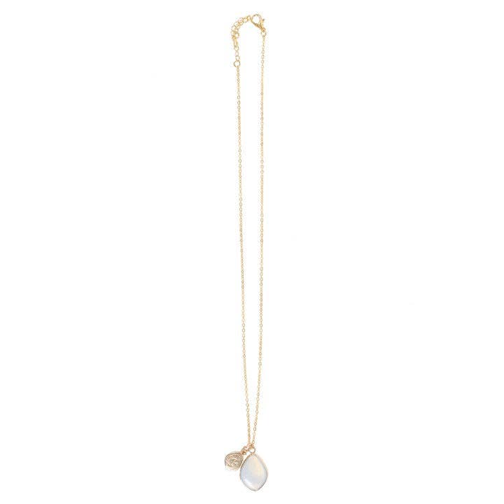 Full-length view of gold Opalite Manifestation Necklace with teardrop opalite pendant and celestial charm against white background.