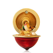 Close-up of open Bill Skinner locket showing hand-painted squirrel figurine holding an acorn inside gold-plated acorn pendant.