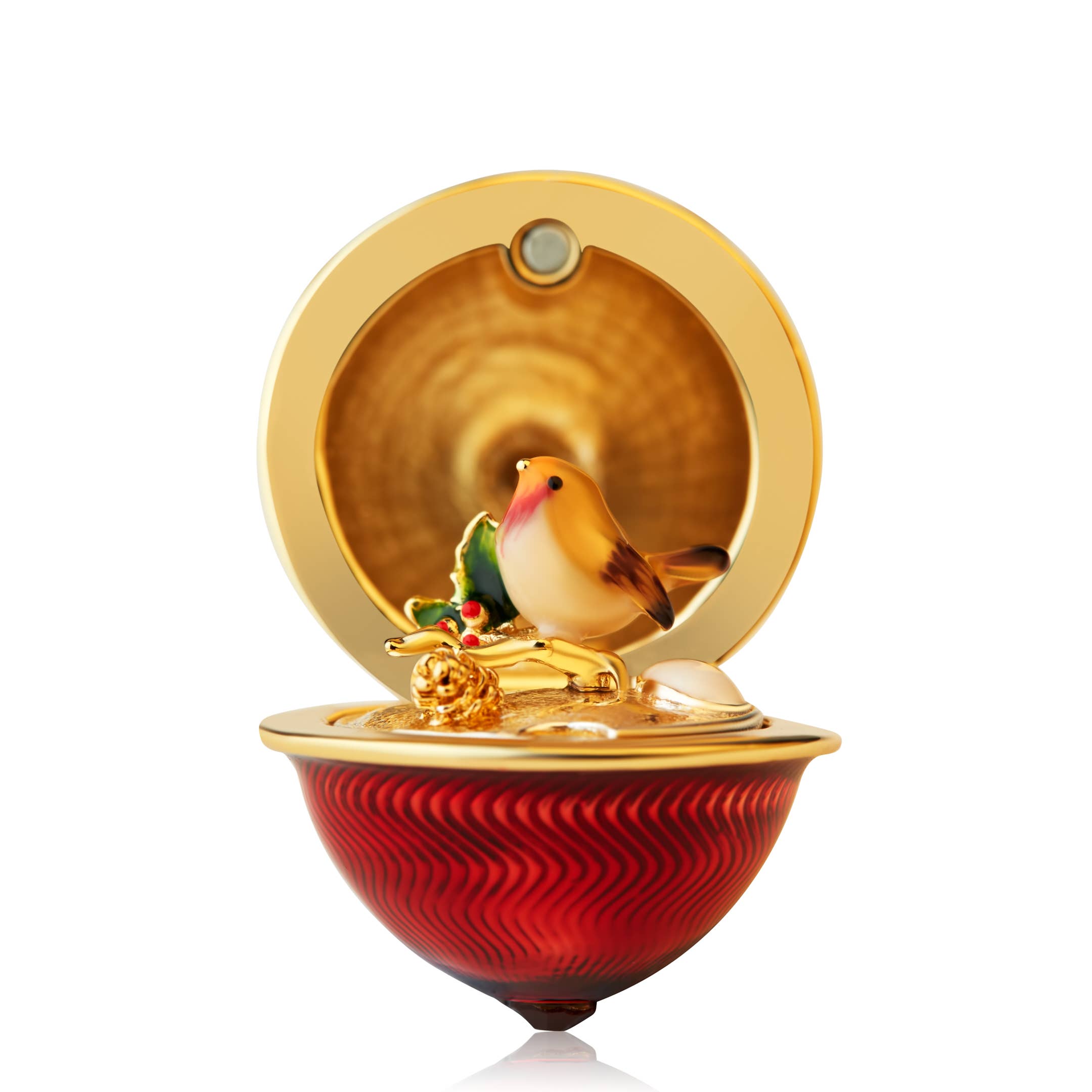 Close-up of open Bill Skinner locket showing hand-painted squirrel figurine holding an acorn inside gold-plated acorn pendant.
