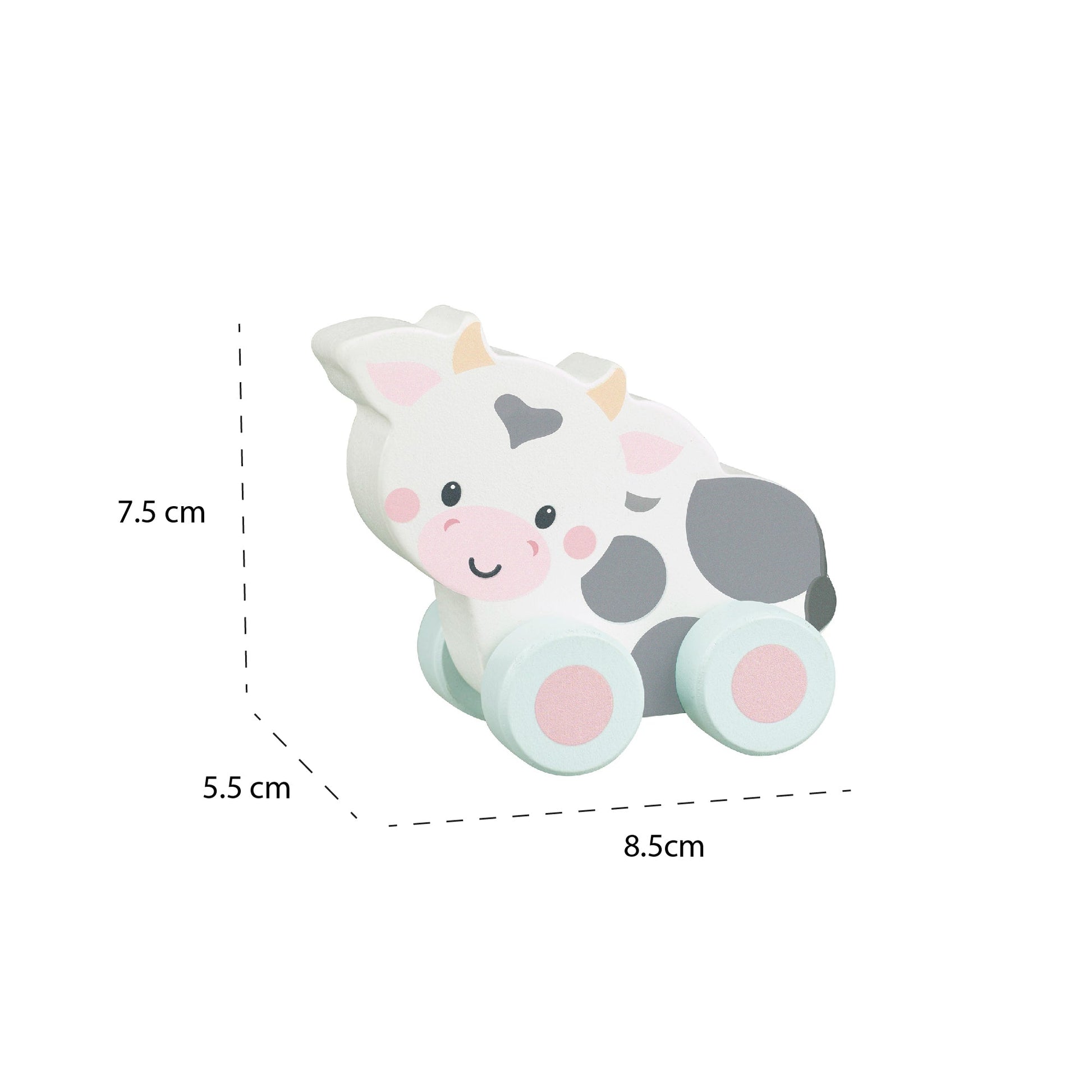Wooden cow push toy shown with its 8.5 by 5.5 by 7.5cm measurements