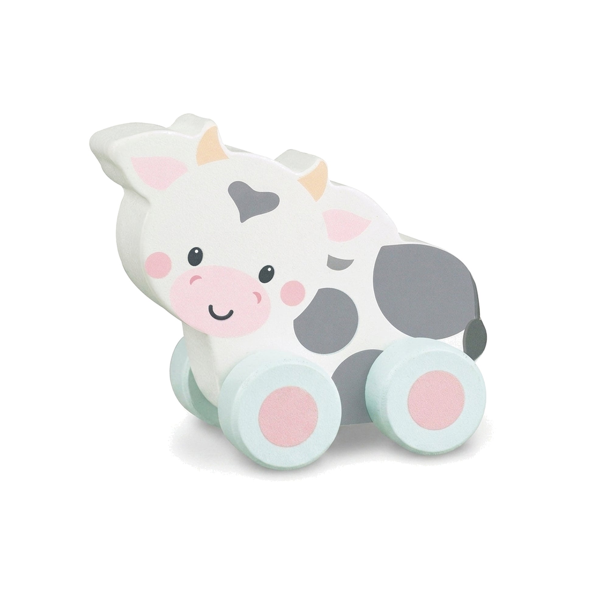 Wooden cow push toy on a pure white background
