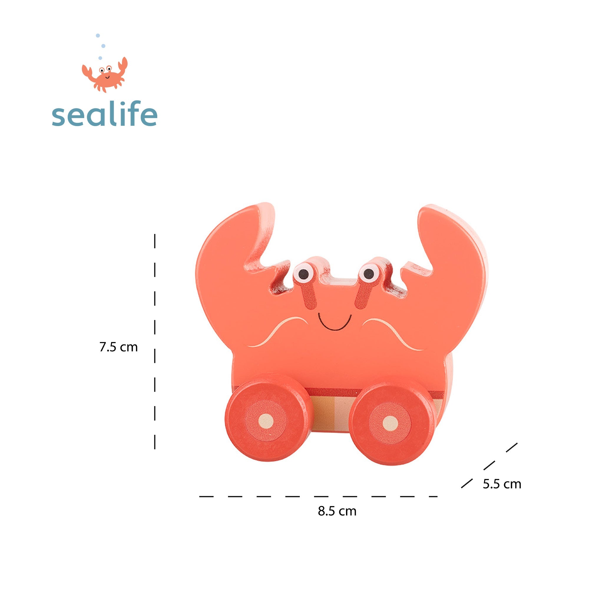 Orange wooden crab push toy shown with its 8.5 by 5.5 by 7.5cm measurements