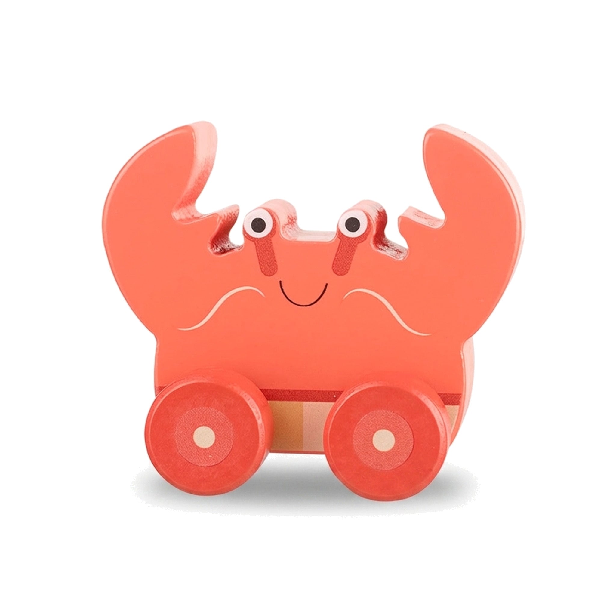 Orange wooden crab push toy on a pure white background