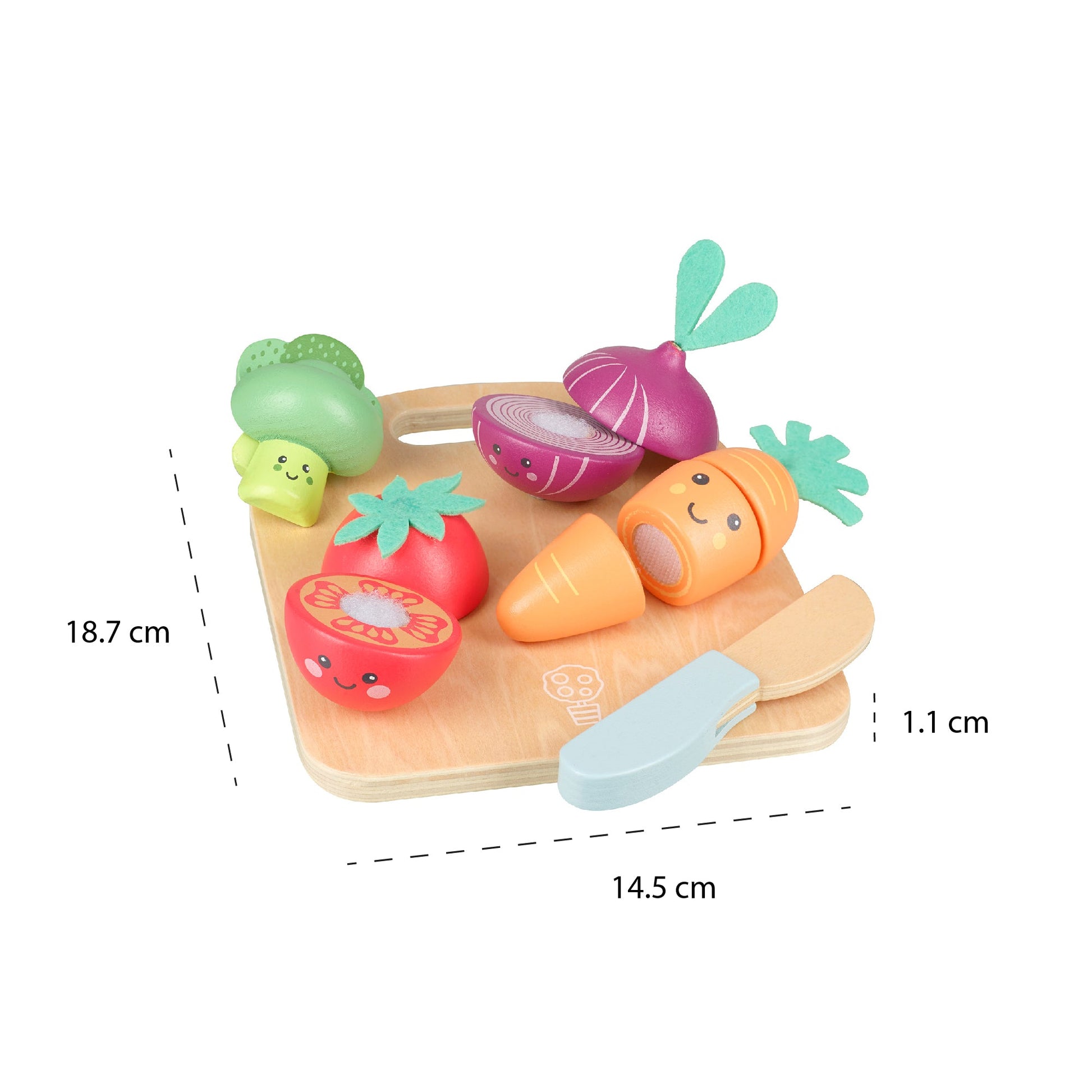 Wooden cutting veg set shown with its 18.7 by 14.5 by 1.1cm measurements