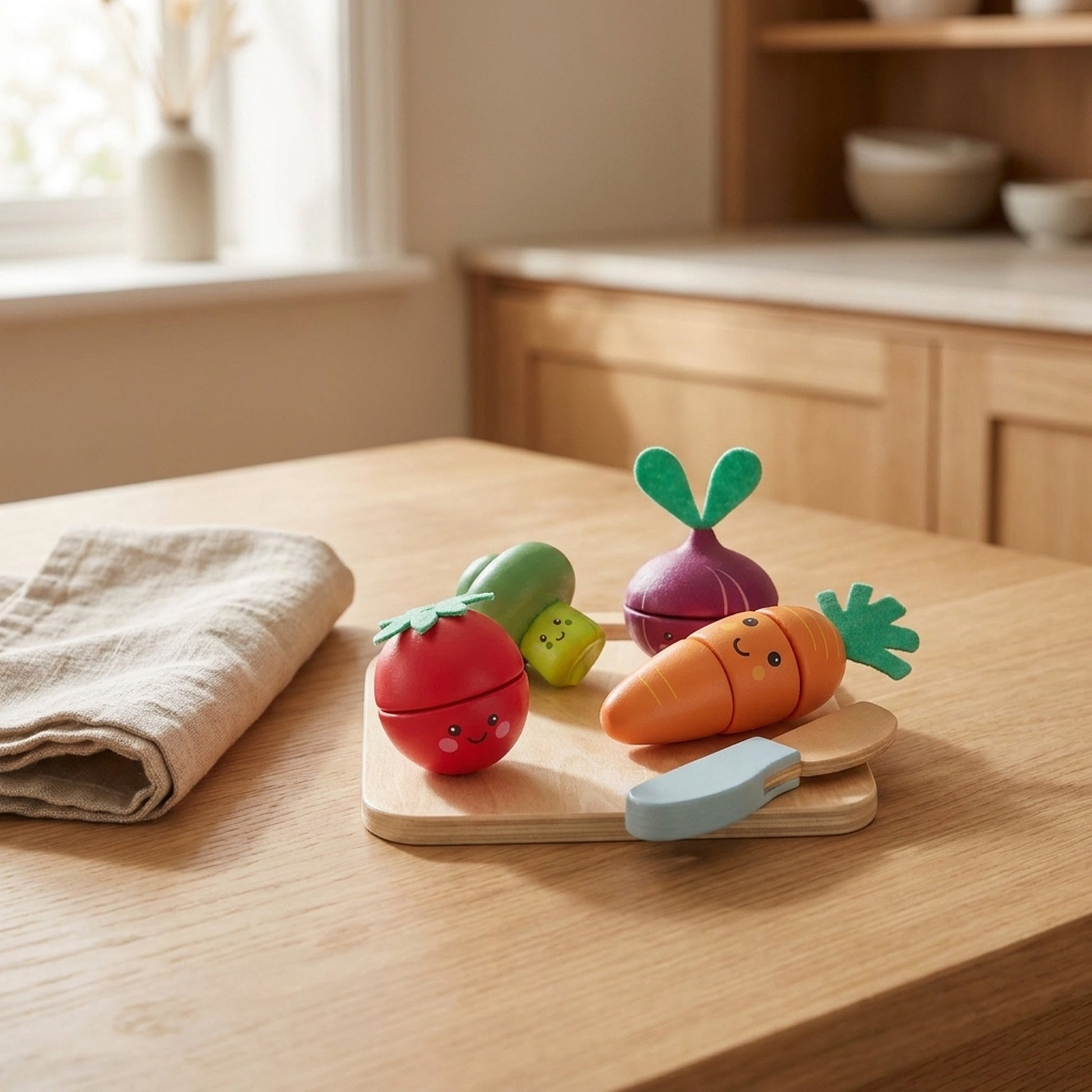 Wooden cutting vegetables set on a warm wood kitchen table with a linen tea towel