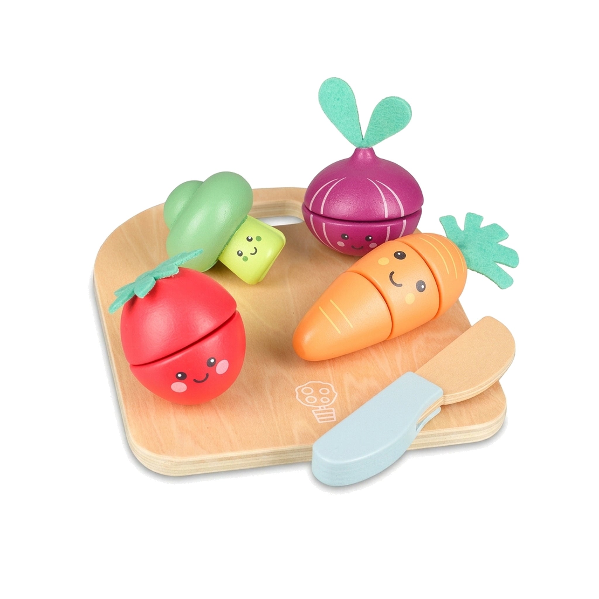 Wooden cutting vegetables set on a pure white background