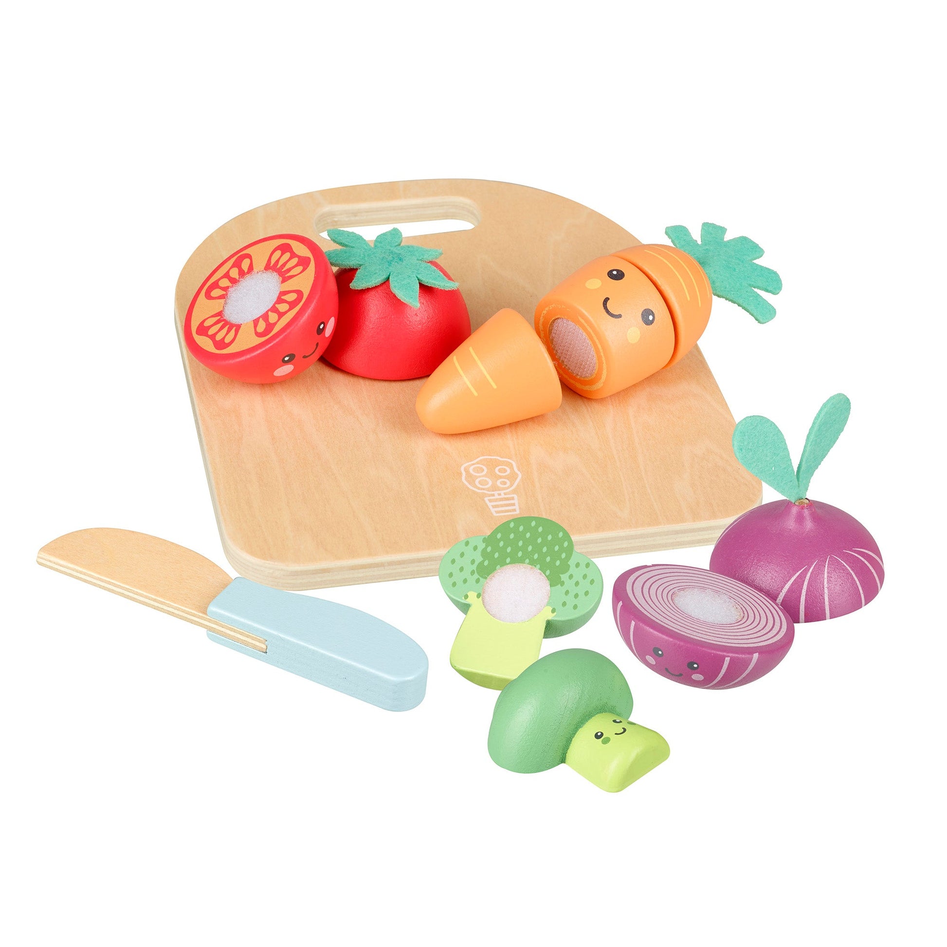Wooden vegetables sliced in half beside the board and wooden knife
