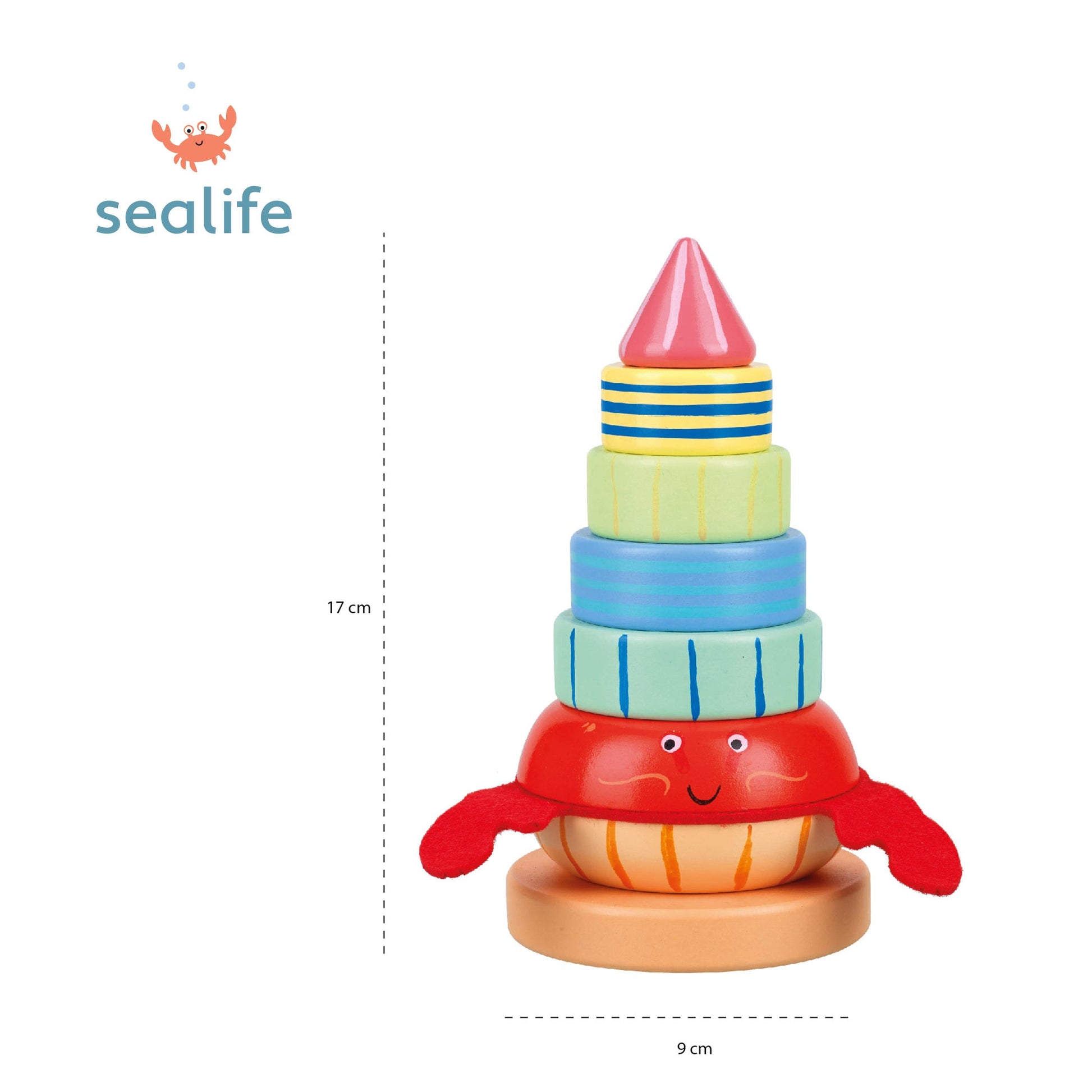 Hermit crab stacking ring shown with its 9 by 17cm measurements