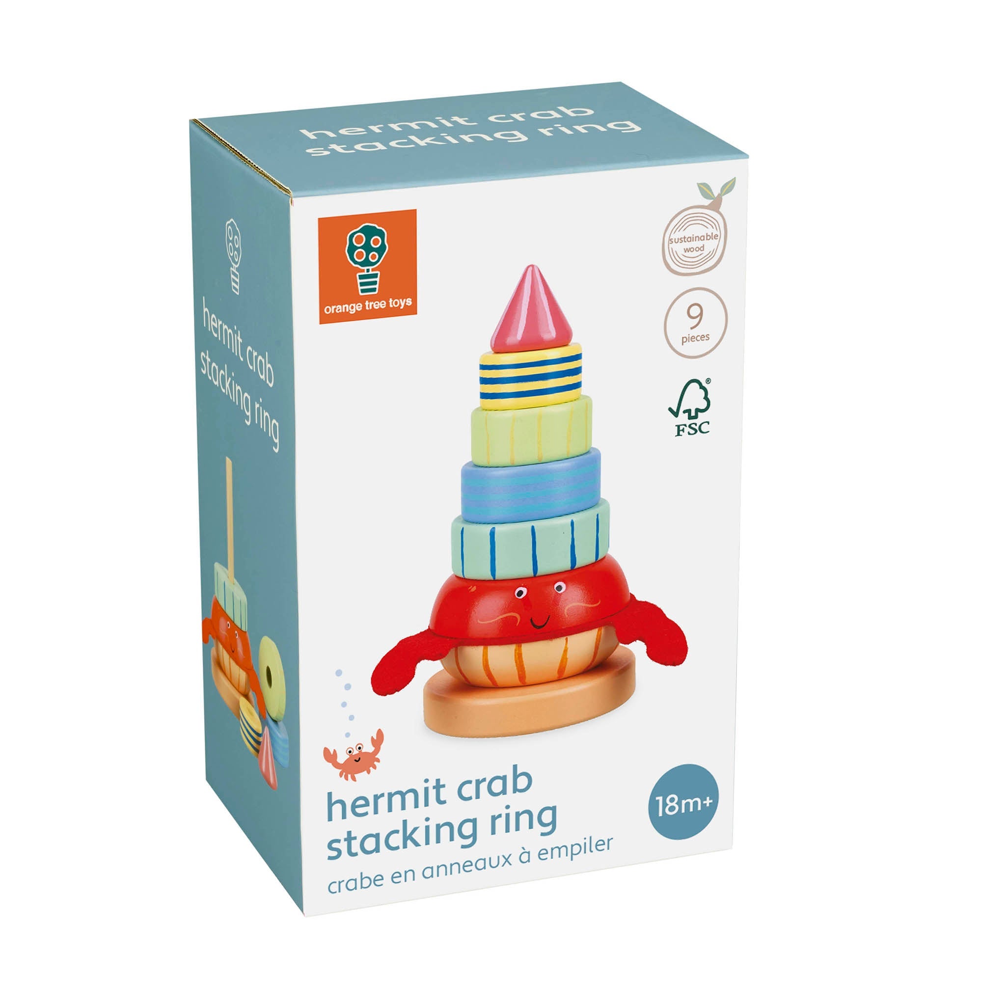 Hermit crab stacking ring in its illustrated Orange Tree Toys gift box