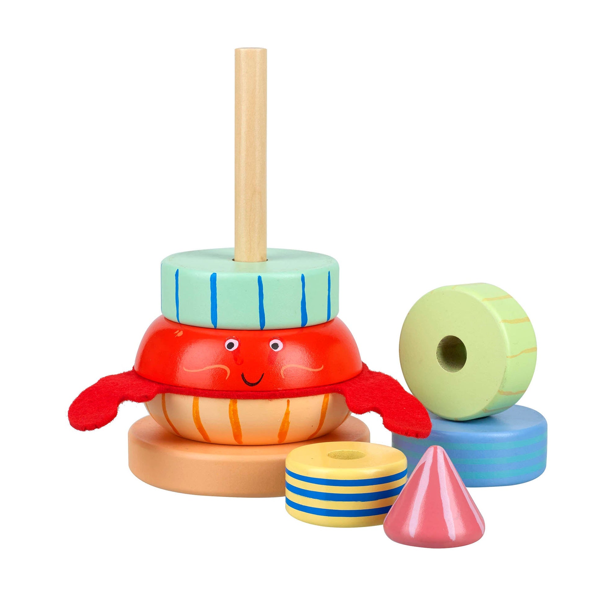 Hermit crab stacking toy with its coloured rings unstacked beside the base
