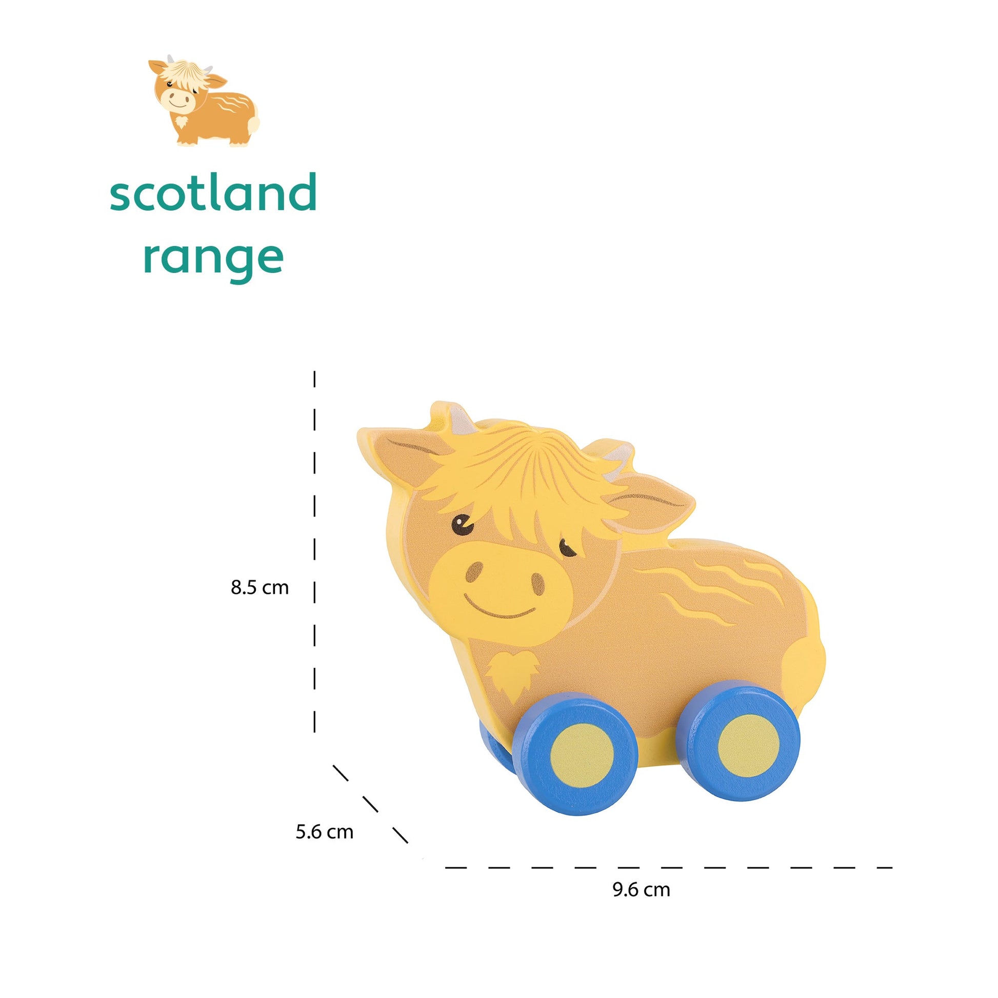 Highland cow push toy shown with its 9.6 by 8.5 by 5.6cm measurements