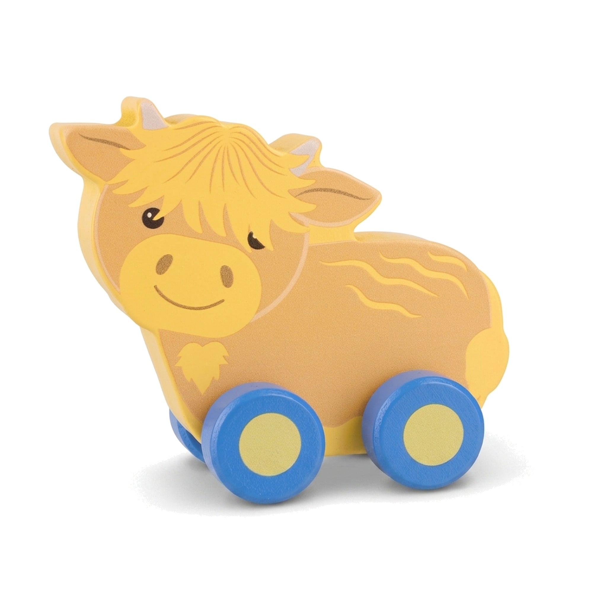 Highland cow wooden push toy on a pure white background