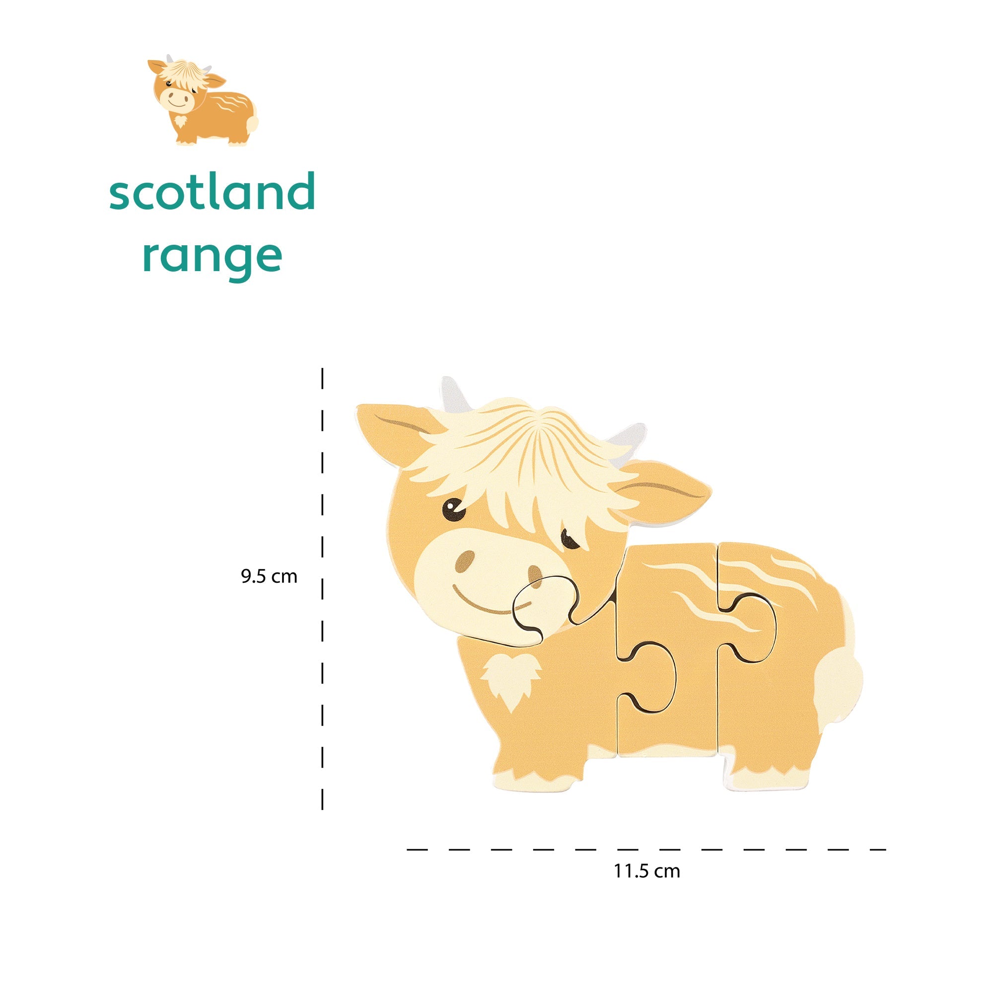 Highland cow wooden puzzle shown with its 11.5 by 9.5cm measurements