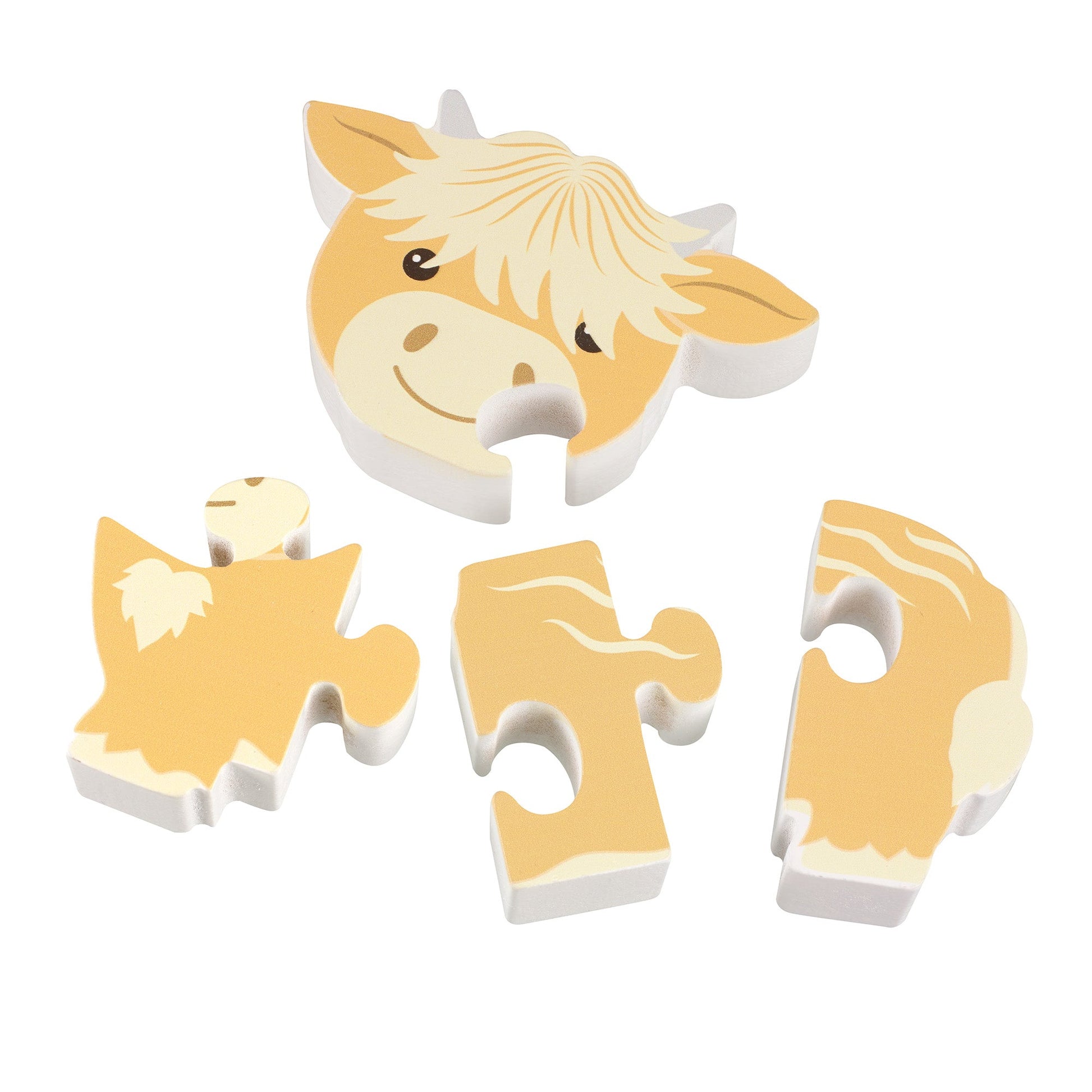 Highland cow wooden puzzle separated into its four chunky pieces