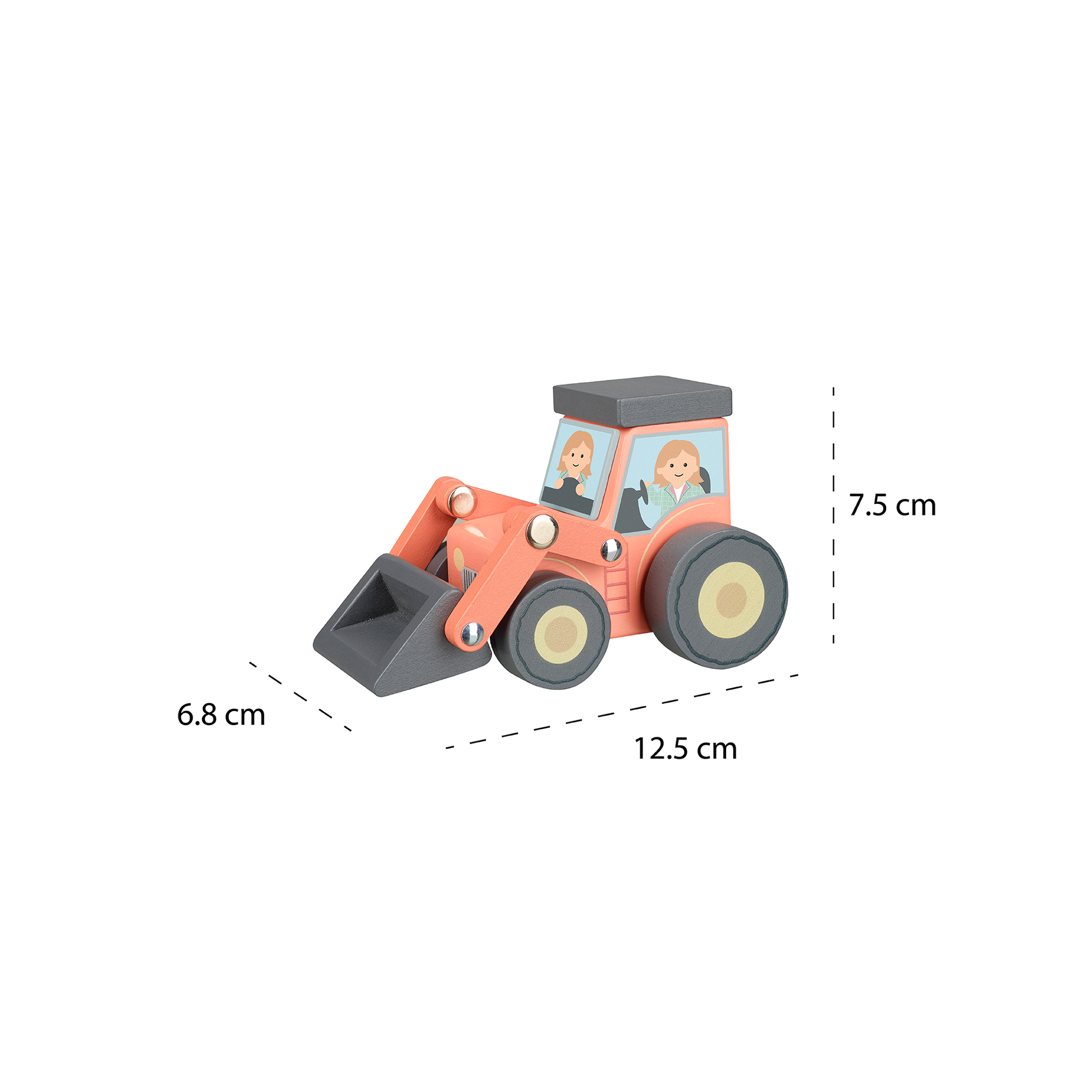 Wooden loader tractor shown with its 12.5 by 6.8 by 7.5cm measurements