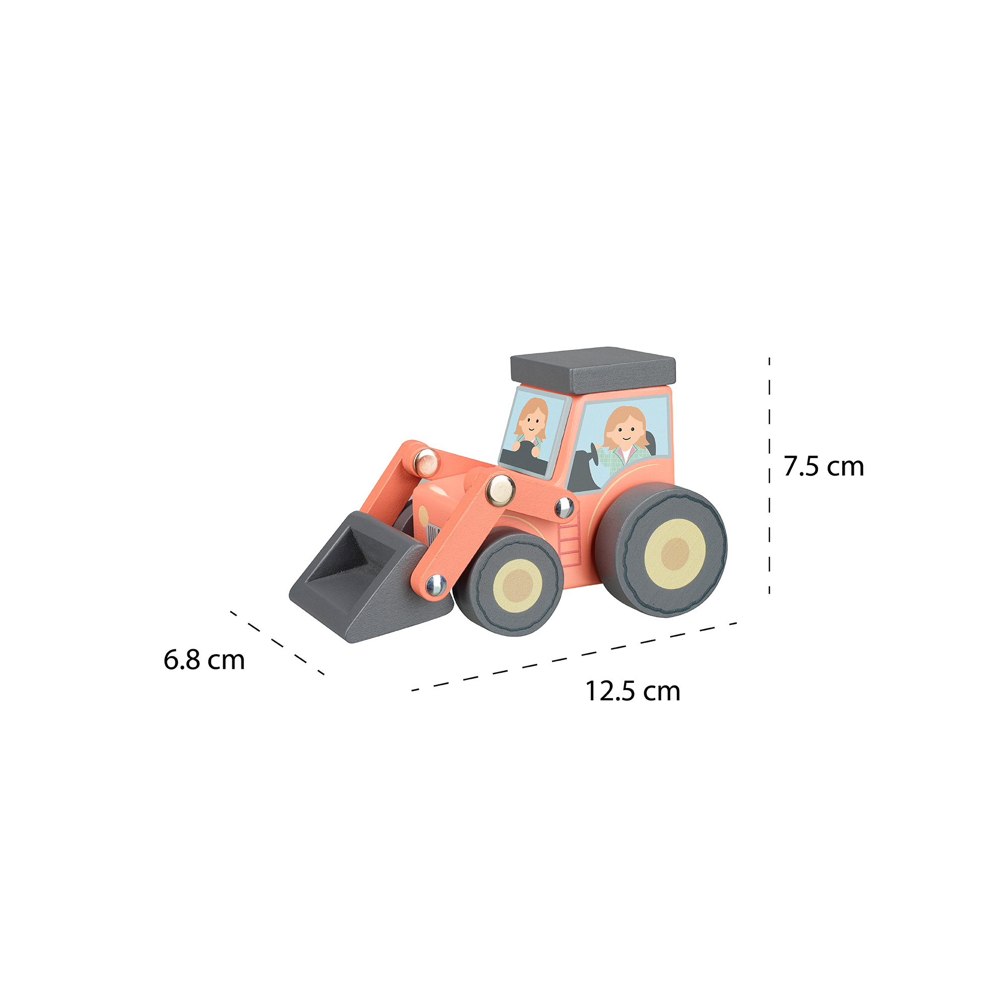 Wooden loader tractor shown with its 12.5 by 6.8 by 7.5cm measurements