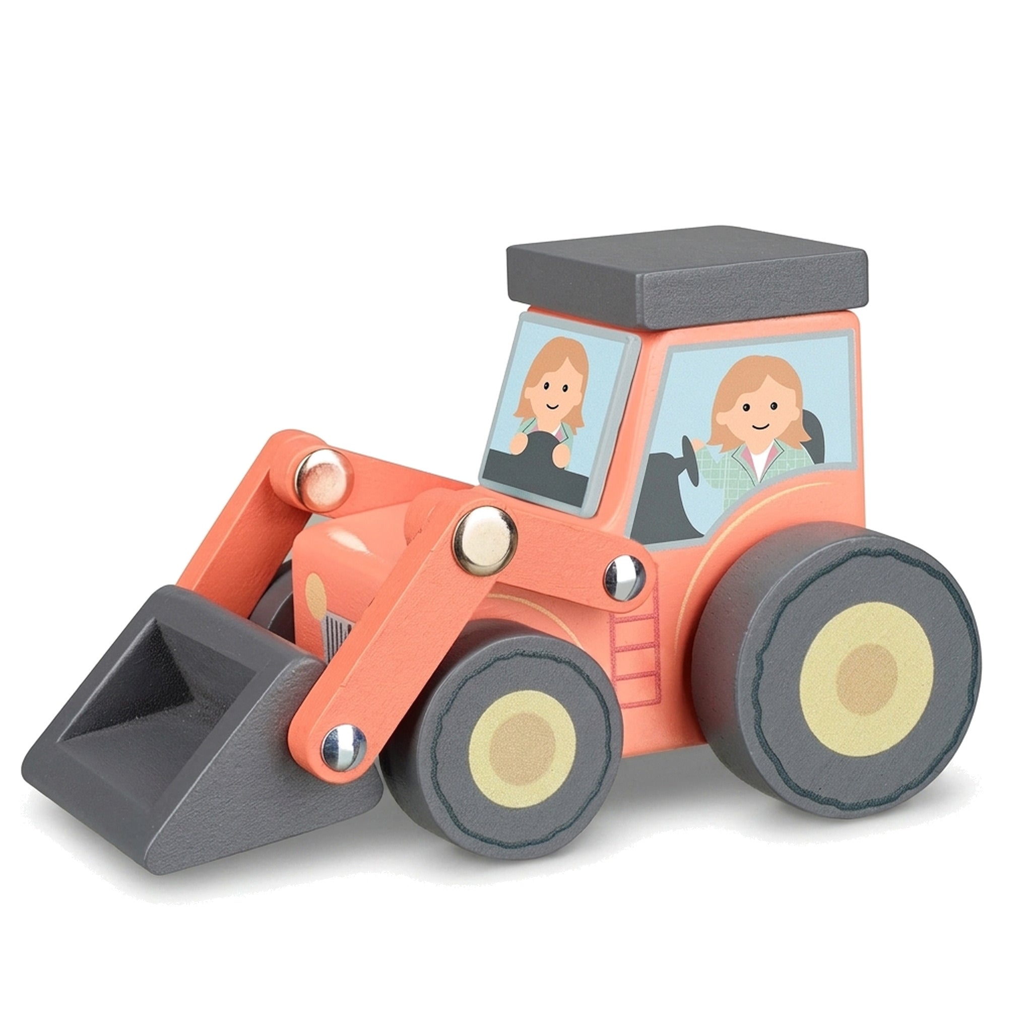Wooden loader tractor toy on a pure white background