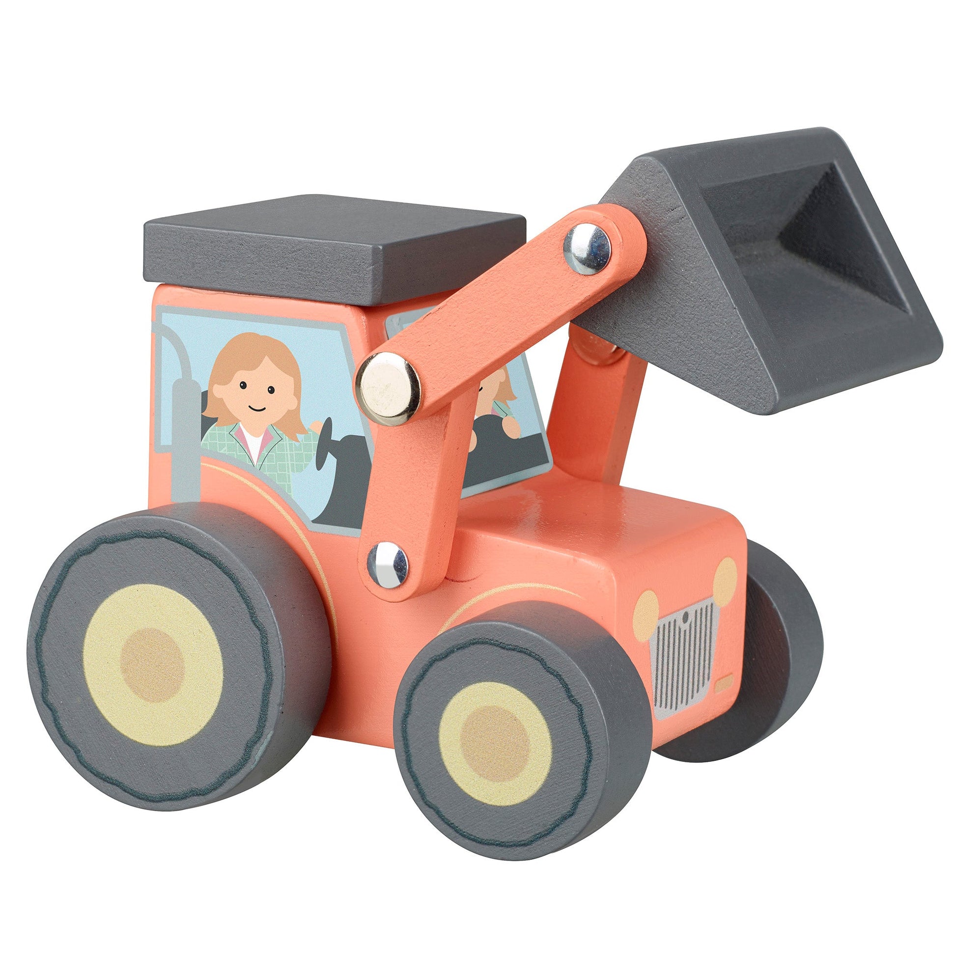 Wooden loader tractor seen from the side with the scoop lowered