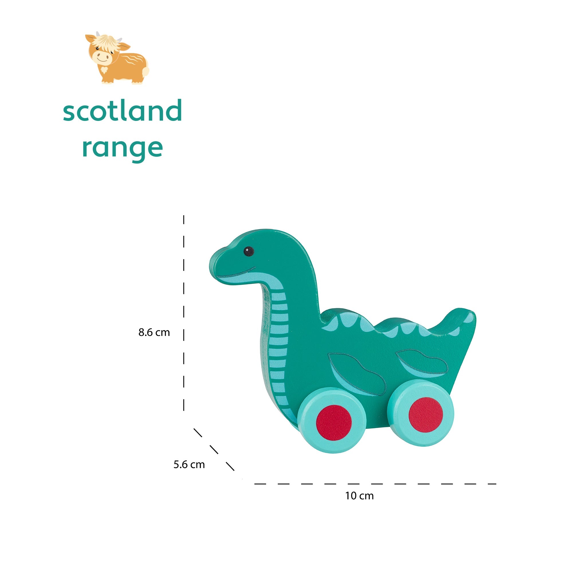 Wooden Nessie push toy shown with its 10 by 5.6 by 8.6cm measurements