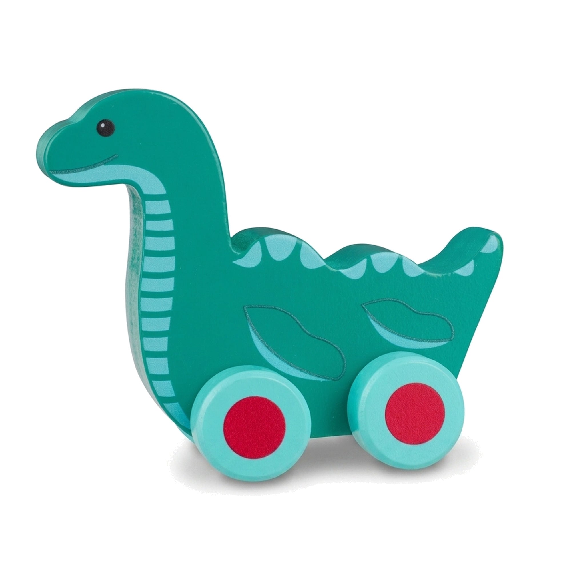 Teal wooden Nessie push toy on a pure white background