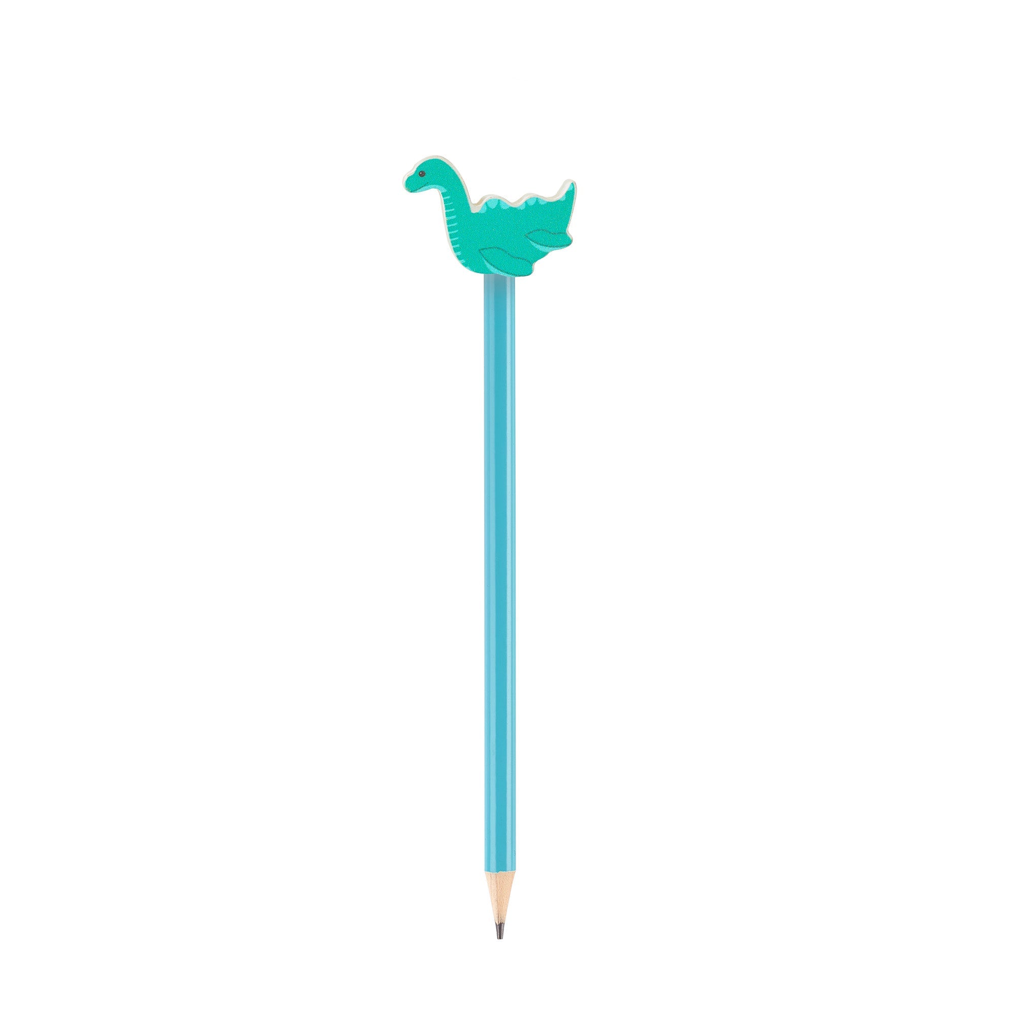 Close view of the hand-painted wooden Nessie topper on the blue pencil