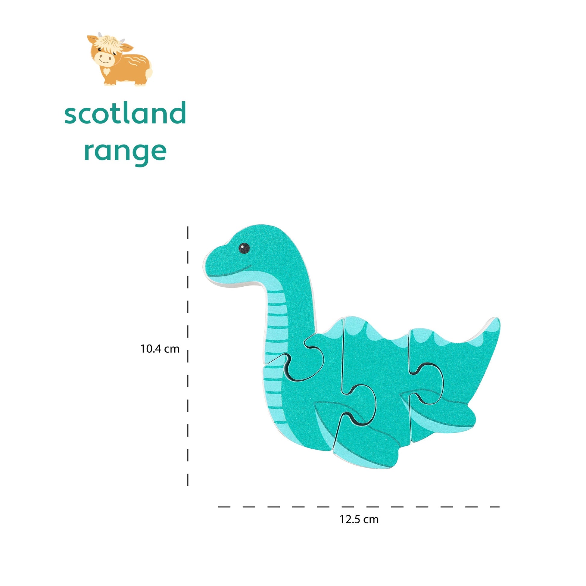 Nessie wooden puzzle shown with its 12.5 by 10.4cm measurements