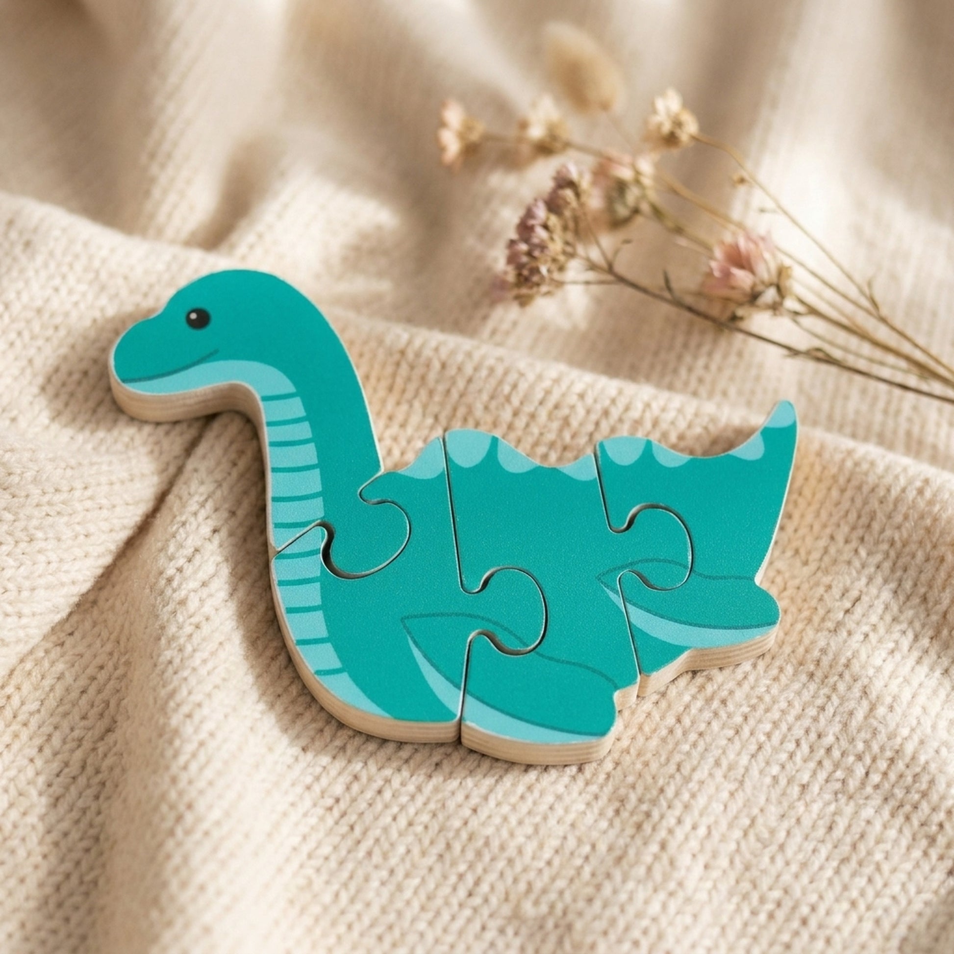 Nessie wooden puzzle resting on a soft cream knitted blanket with dried flowers