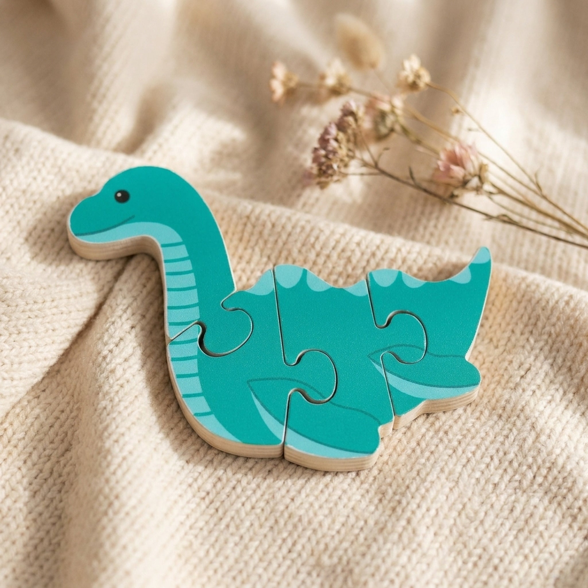 Nessie wooden puzzle resting on a soft cream knitted blanket with dried flowers