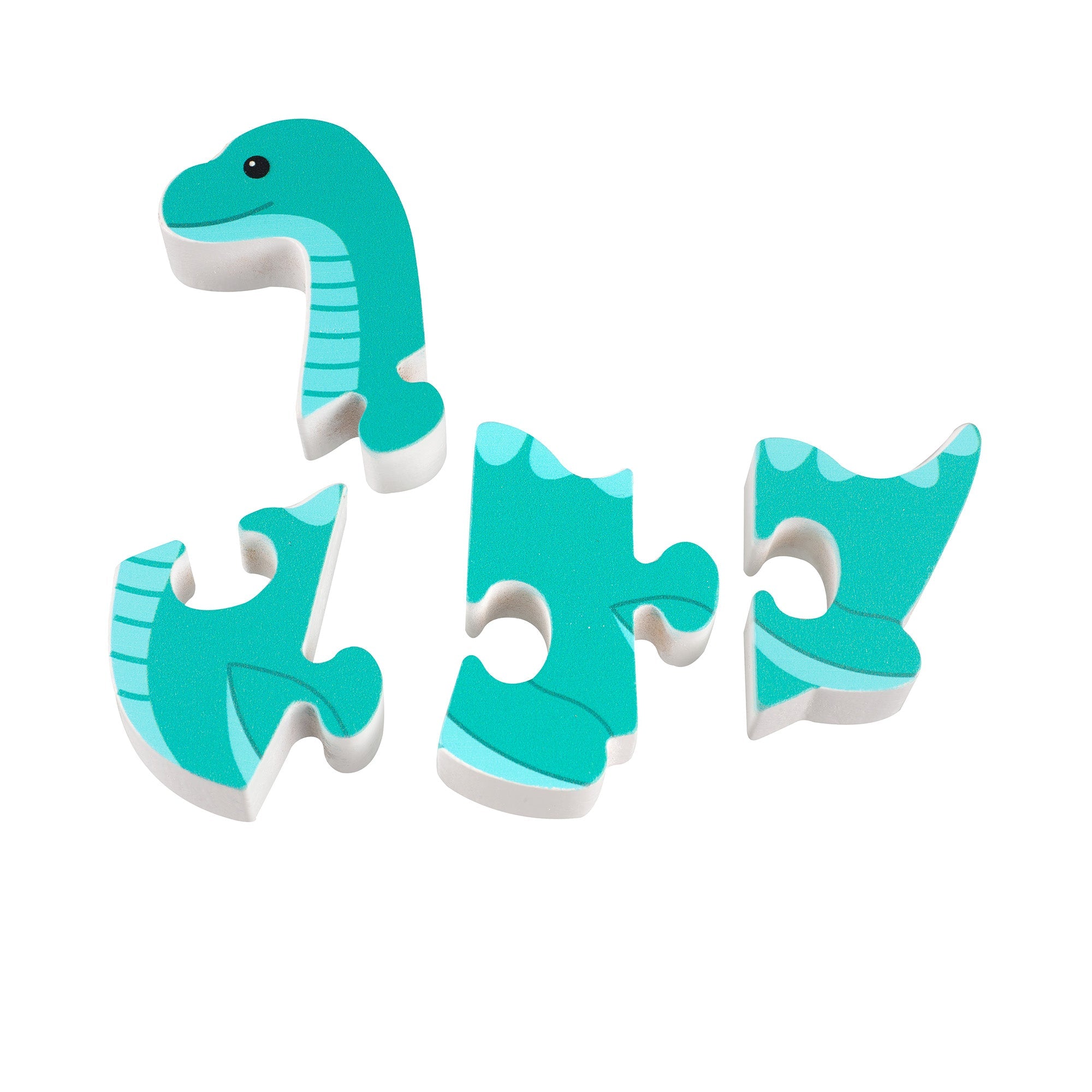 Nessie wooden puzzle separated into its four chunky pieces