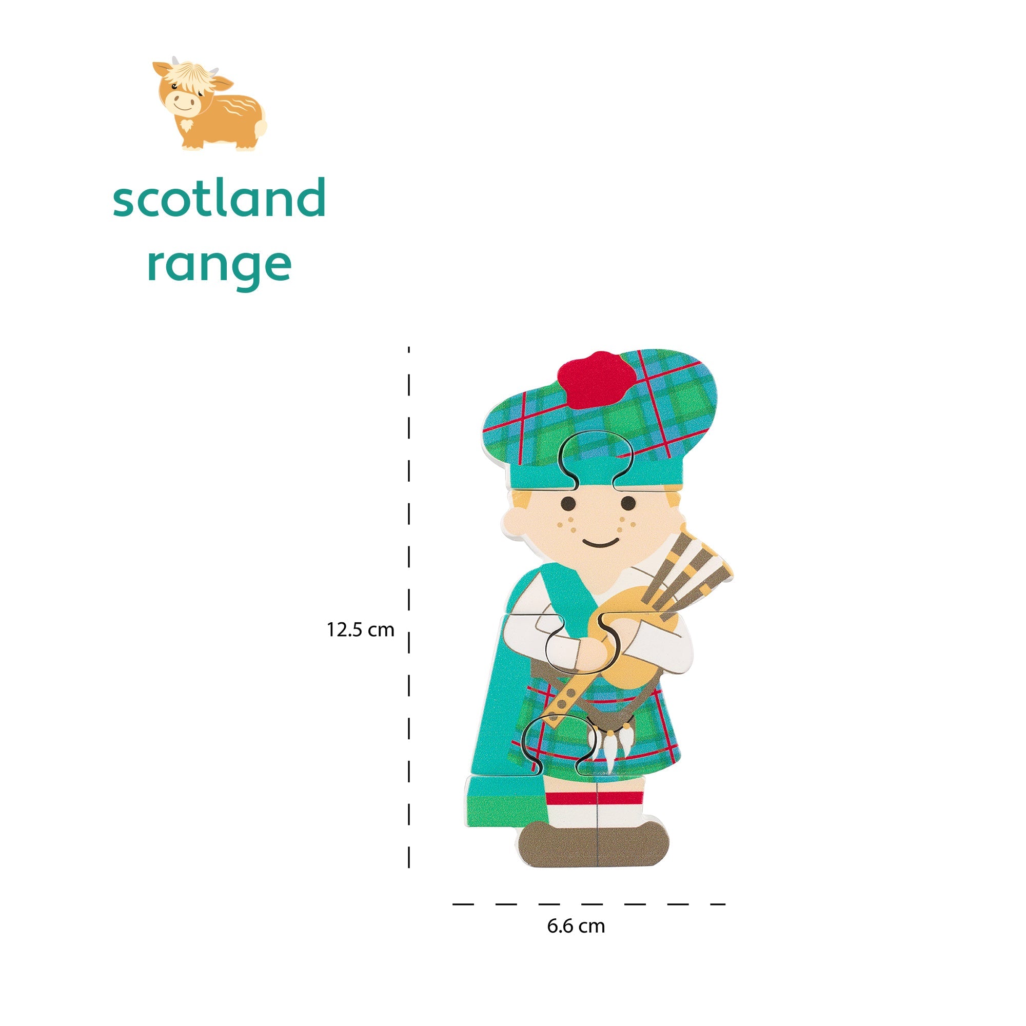 Scottish piper wooden puzzle shown with its 6.6 by 12.5cm measurements