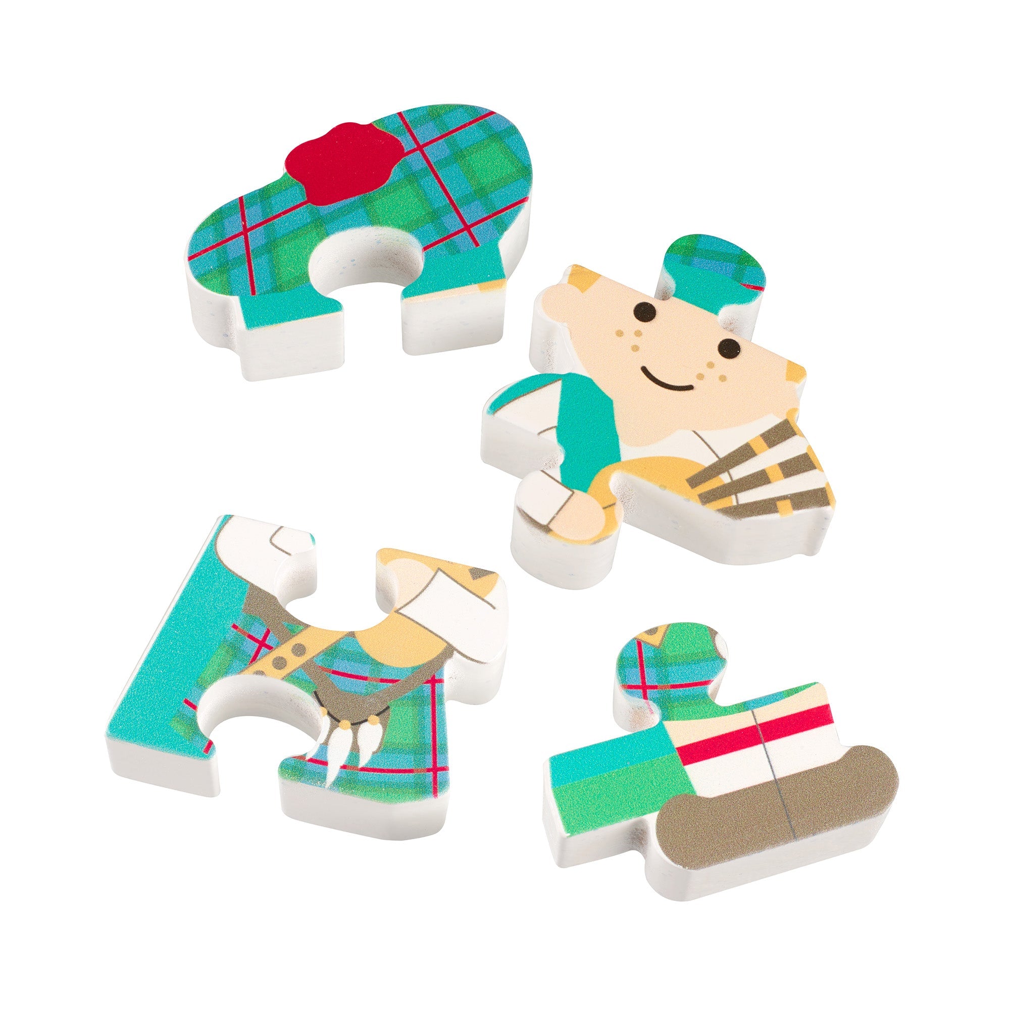 Scottish piper wooden puzzle separated into its four chunky pieces