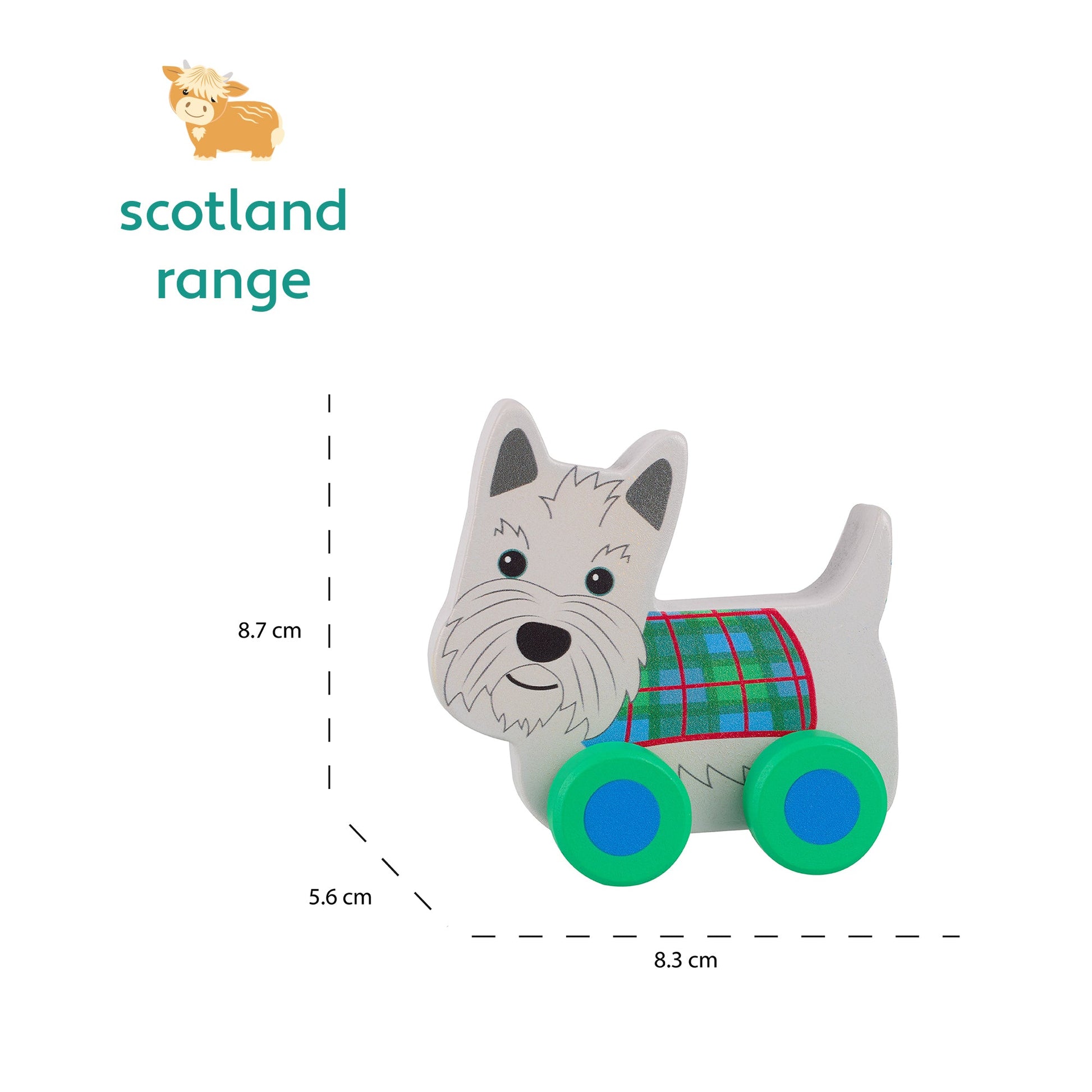 Wooden Scottie dog push toy shown with its 8.3 by 5.6 by 8.7cm measurements