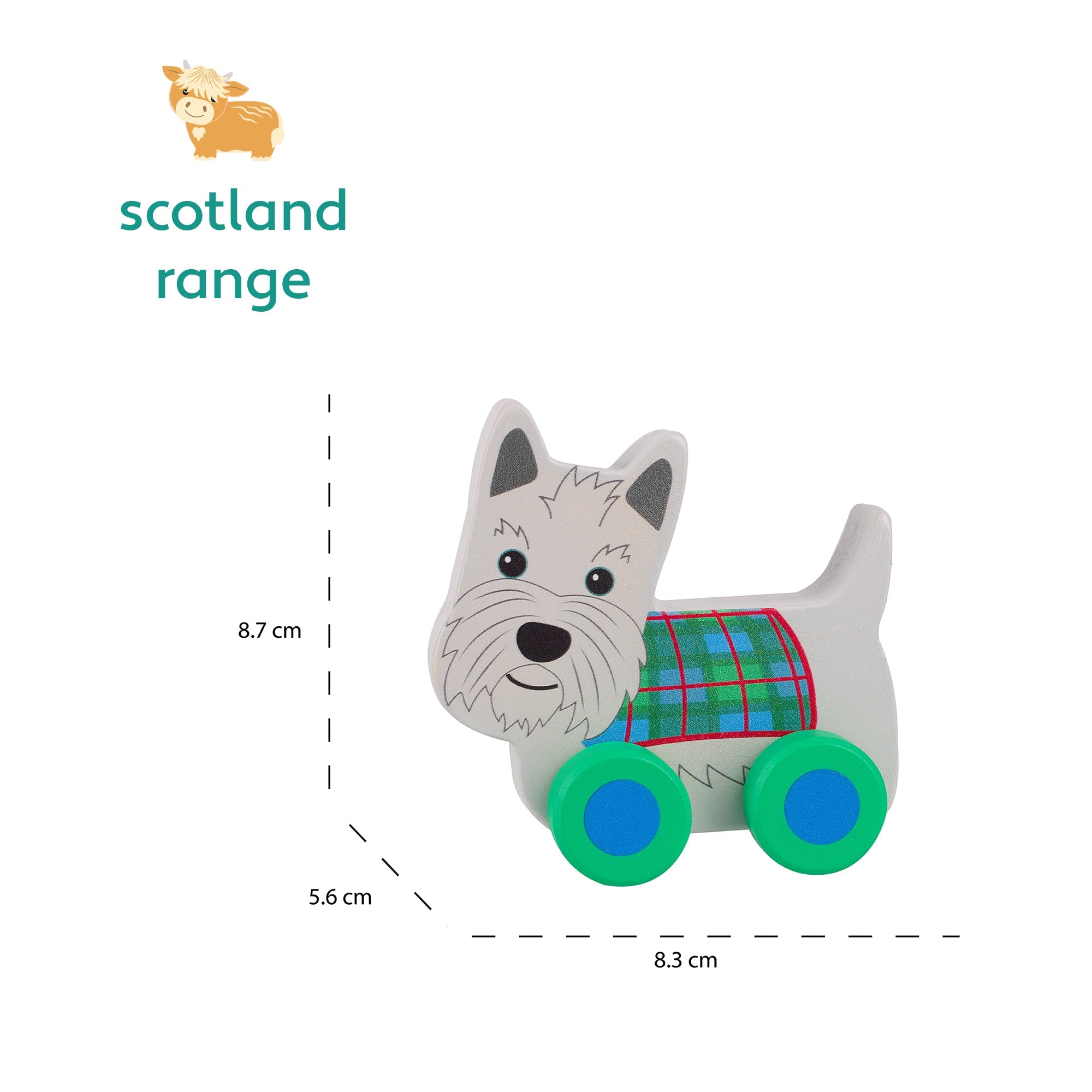 Wooden Scottie dog push toy shown with its 8.3 by 5.6 by 8.7cm measurements