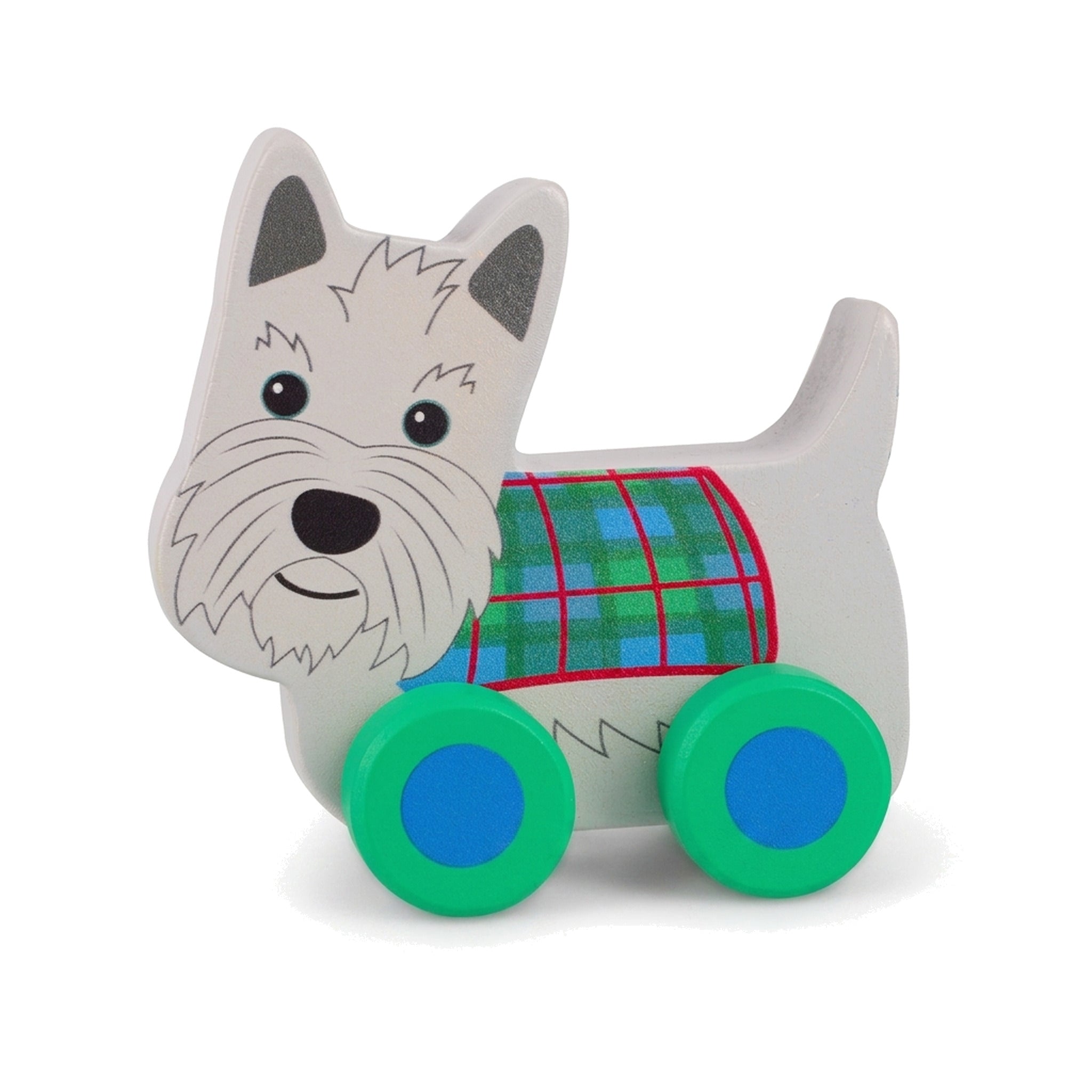 Scottie dog wooden push toy on a pure white background