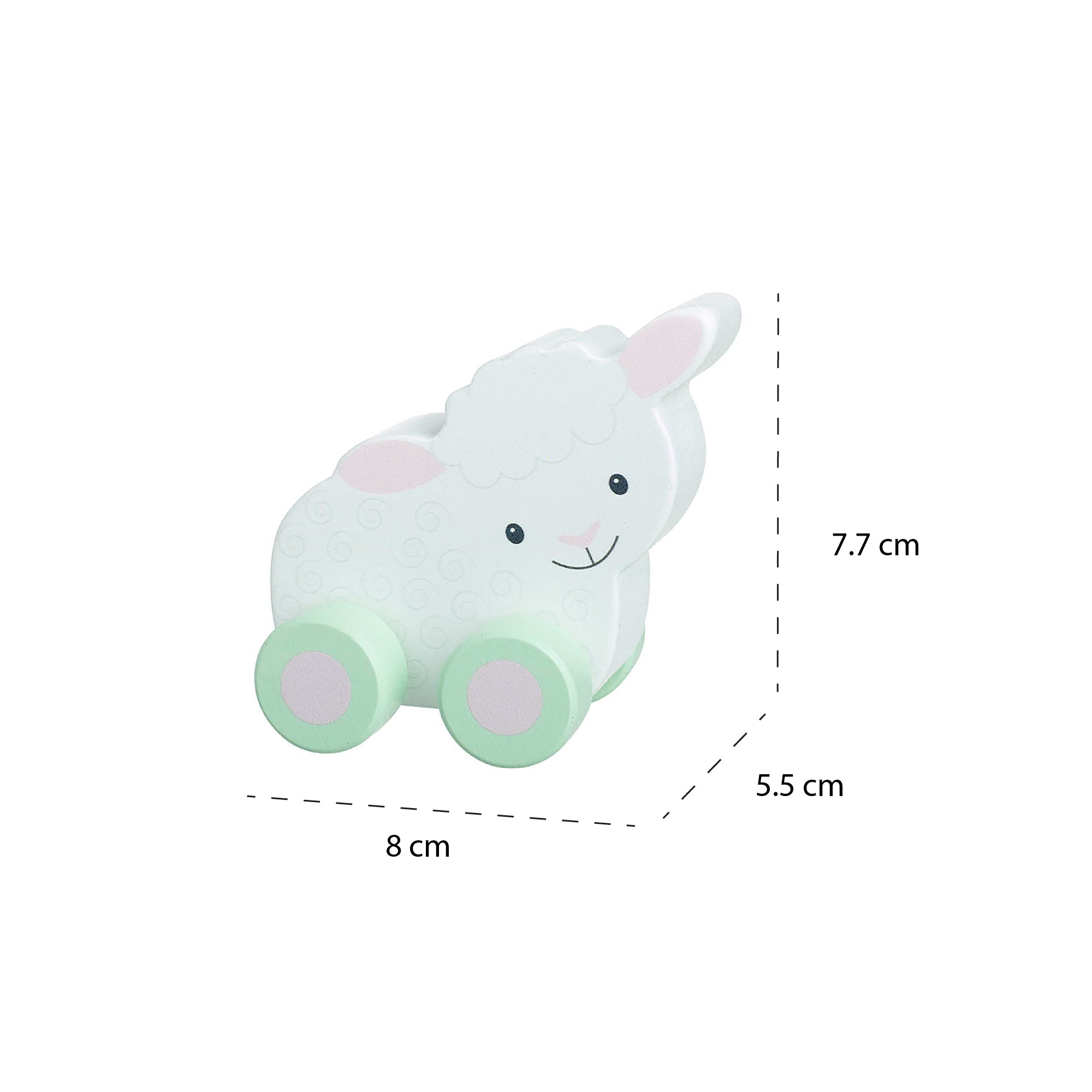 Wooden sheep push toy shown with its 8 by 5.5 by 7.7cm measurements