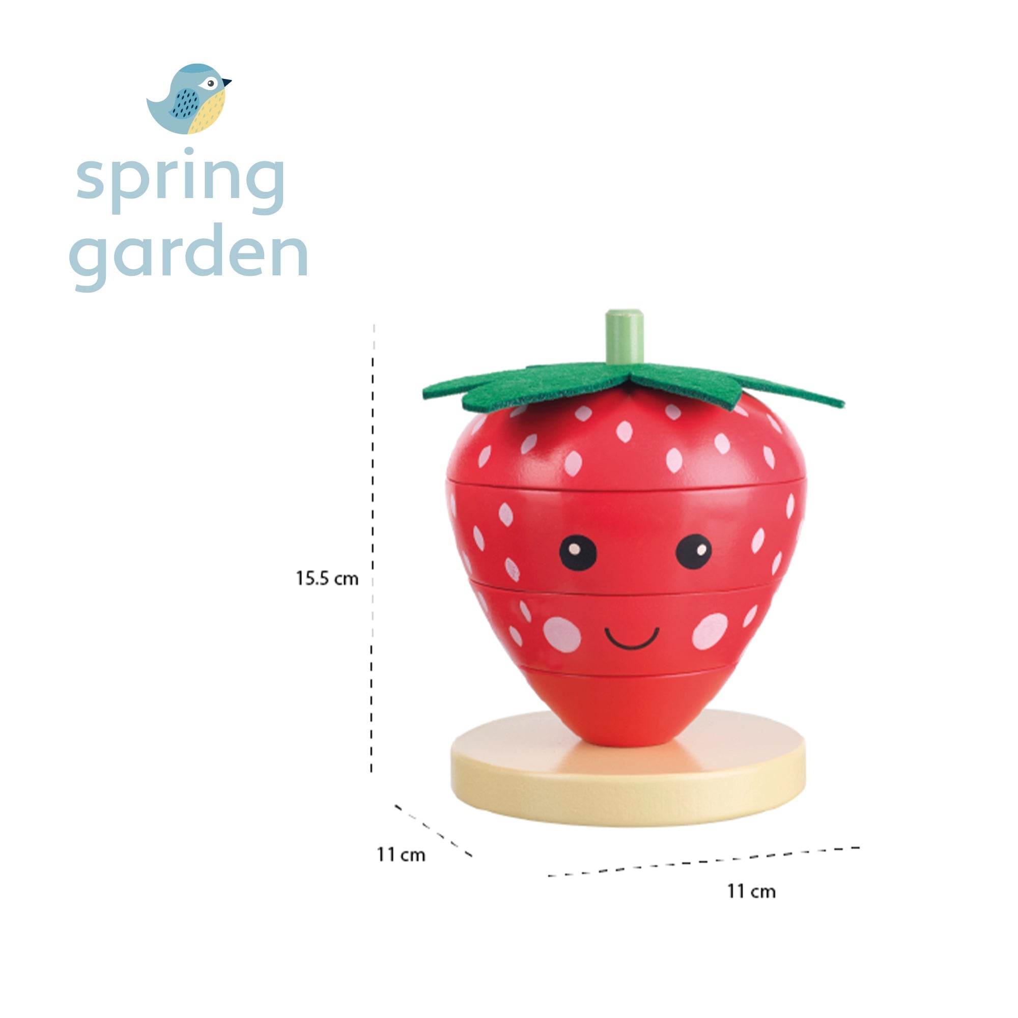 Strawberry stacking ring shown with its 11 by 15.5cm measurements