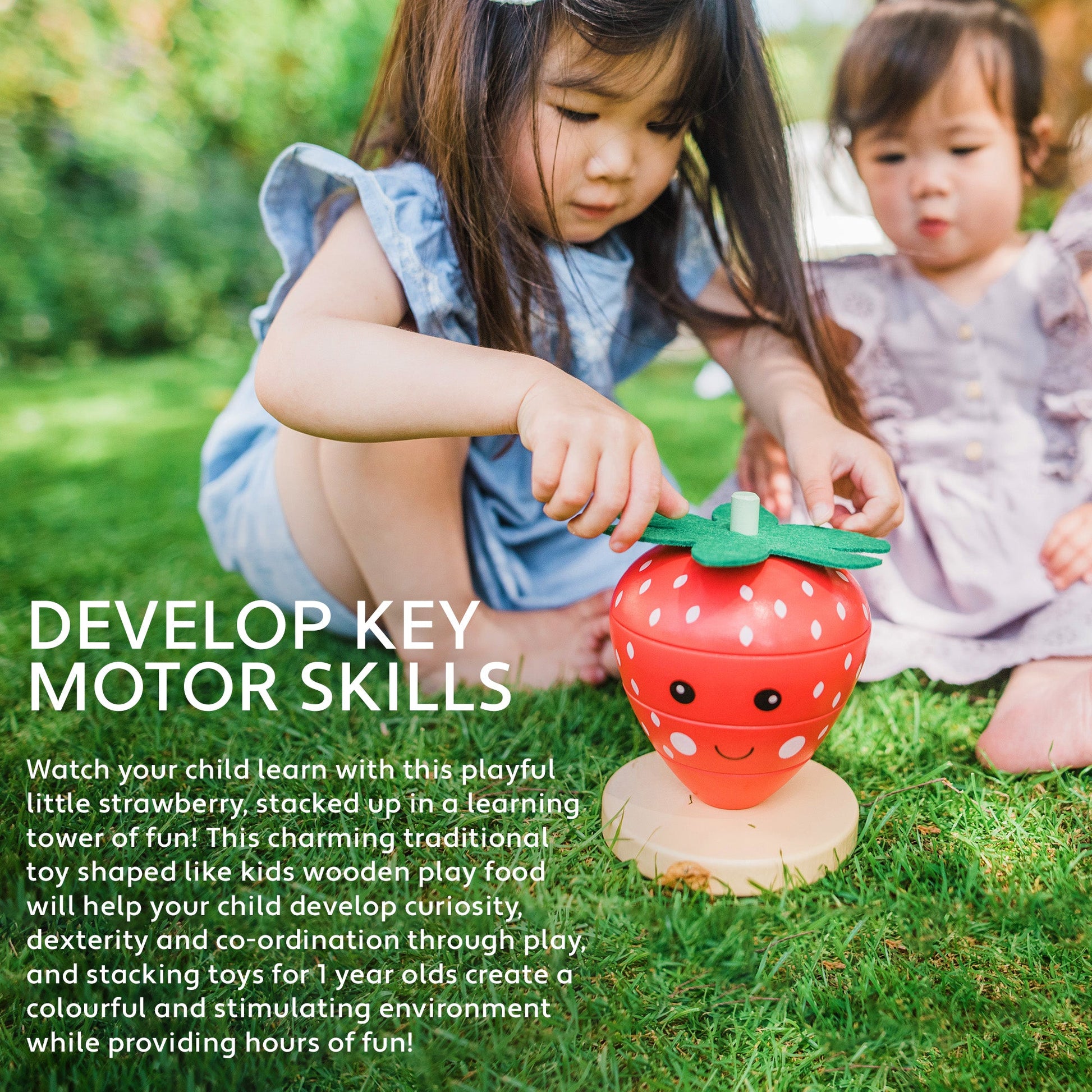 Two children playing with the strawberry stacking toy on grass outdoors