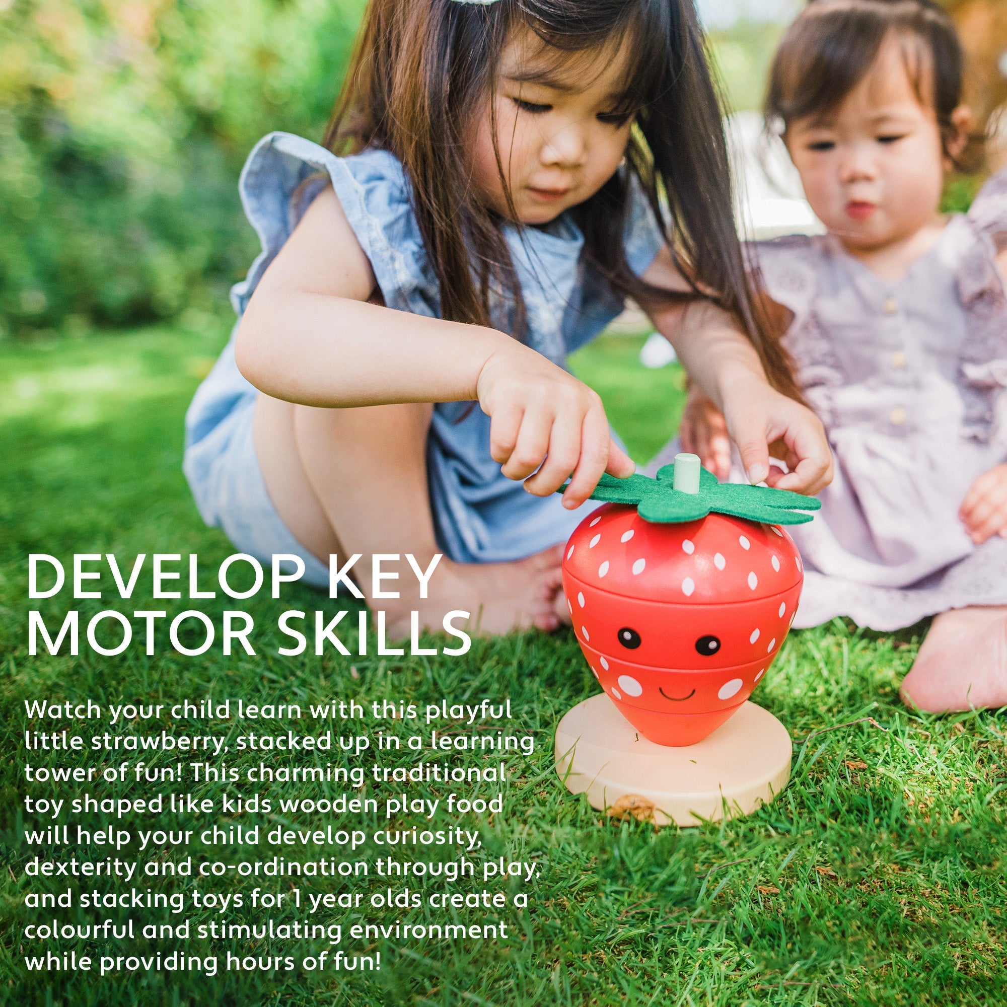 Two children playing with the strawberry stacking toy on grass outdoors
