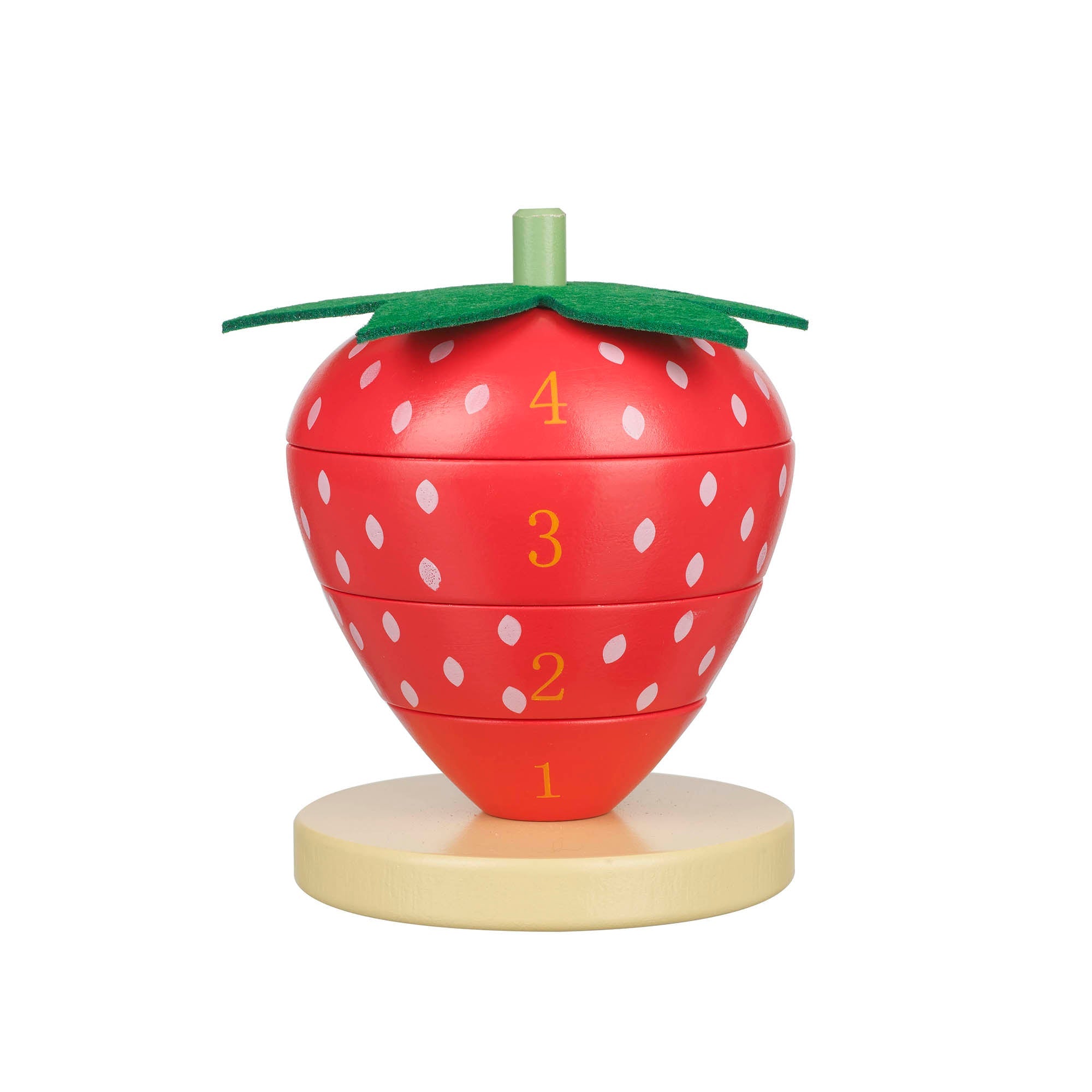 Strawberry stacking toy showing the numbers 1 to 4 painted on the back
