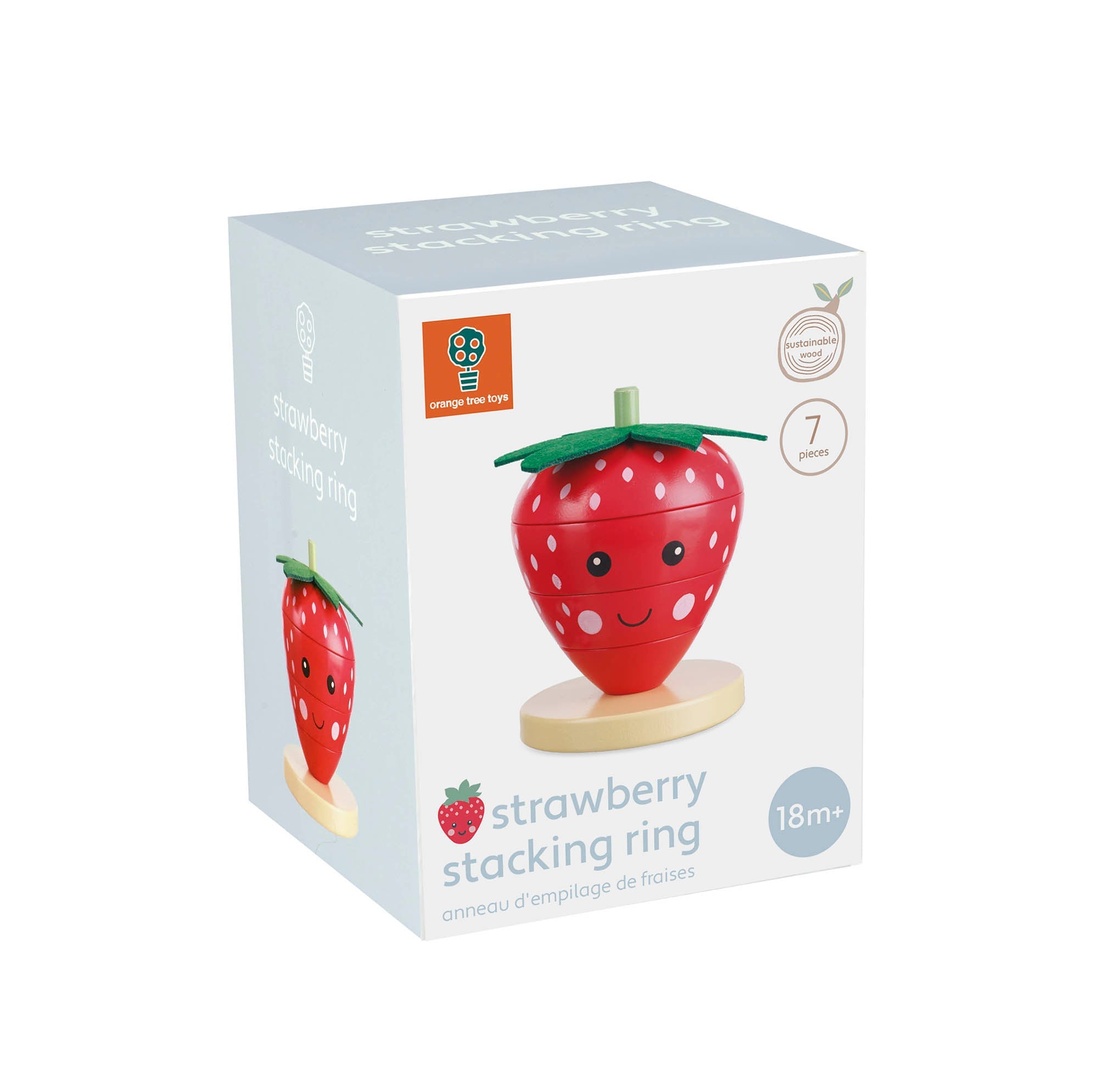 Strawberry stacking ring in its illustrated Orange Tree Toys gift box